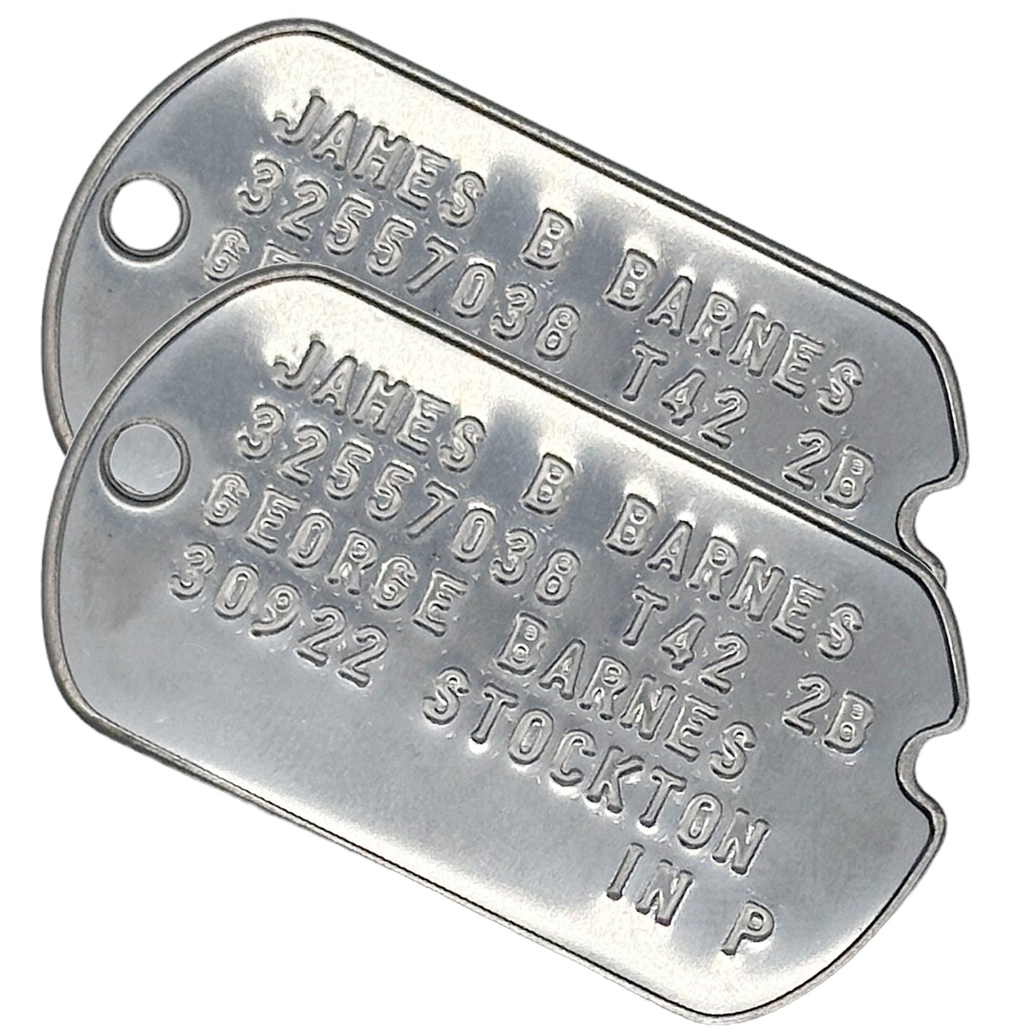 James 'Bucky' Barnes WWII Style Military Dog Tags Prop Replica - Notched pre 1965 WW2 - Stainless Steel - Chain Included