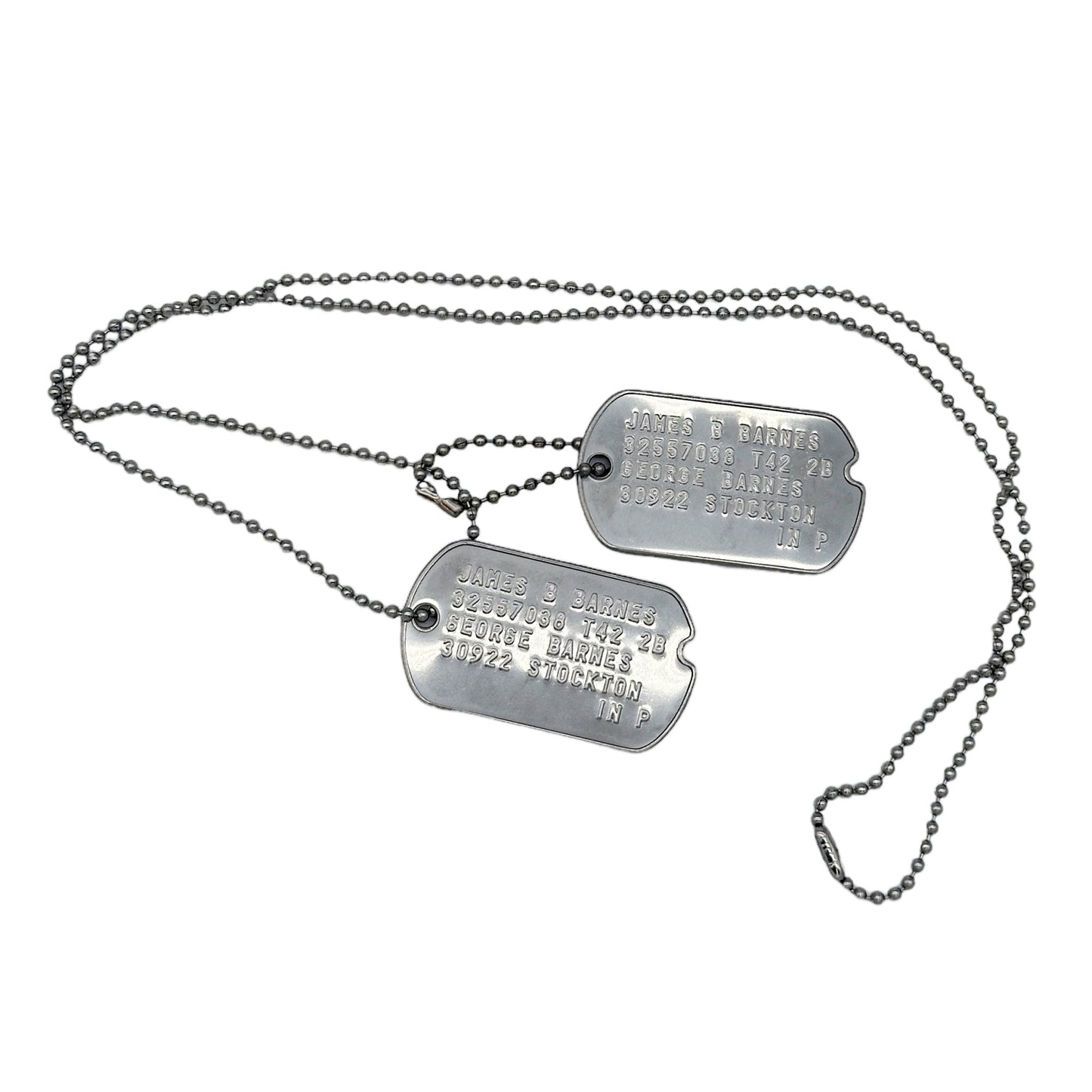 James 'Bucky' Barnes WWII Style Military Dog Tags Prop Replica - Notched pre 1965 WW2 - Stainless Steel - Chain Included