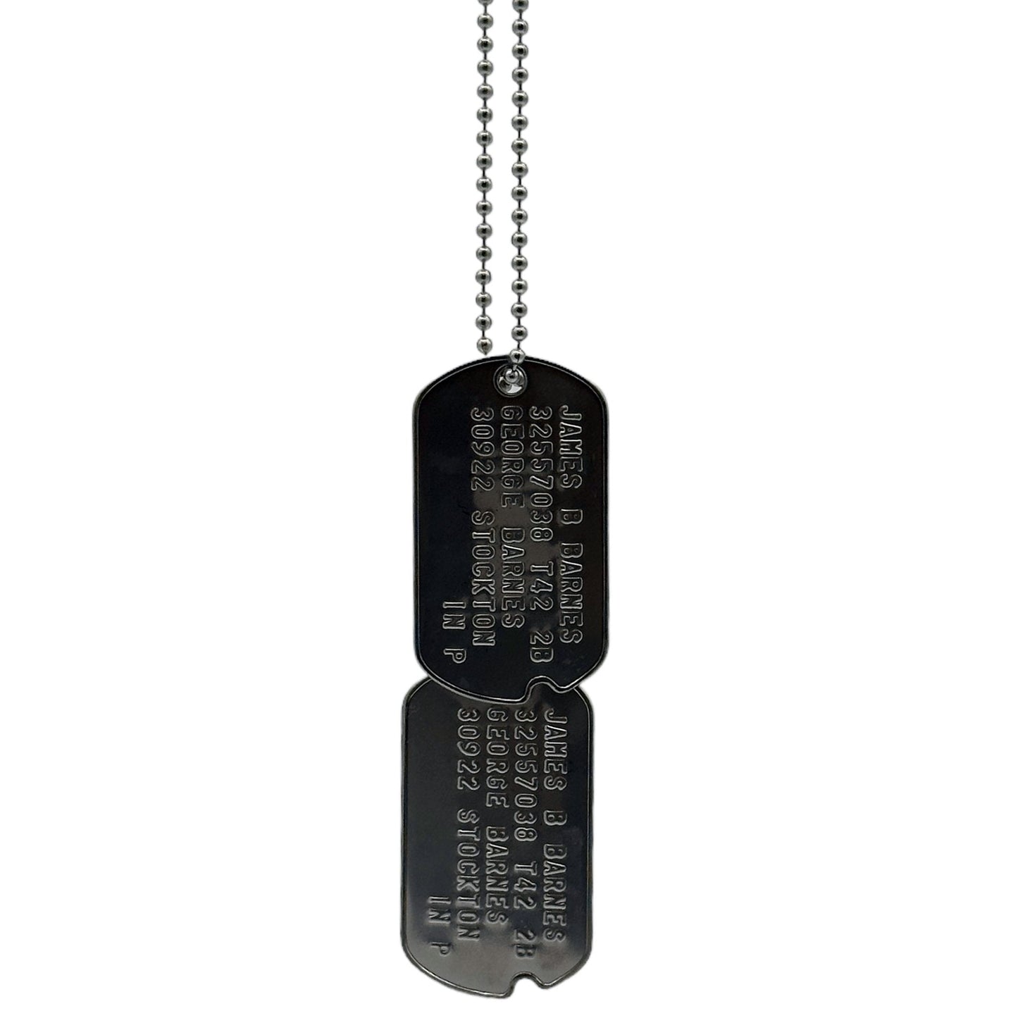 James 'Bucky' Barnes WWII Style Military Dog Tags Prop Replica - Notched pre 1965 WW2 - Stainless Steel - Chain Included