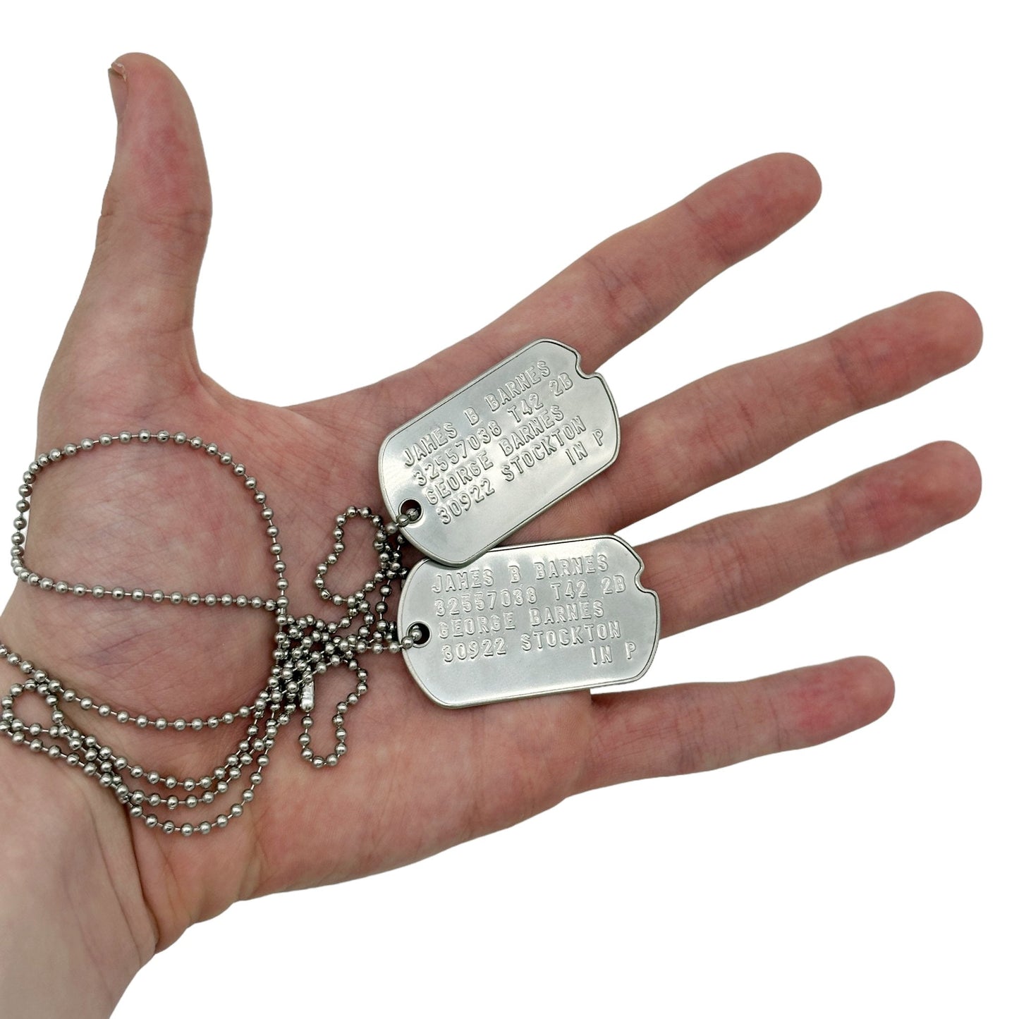 James 'Bucky' Barnes WWII Style Military Dog Tags Prop Replica - Notched pre 1965 WW2 - Stainless Steel - Chain Included