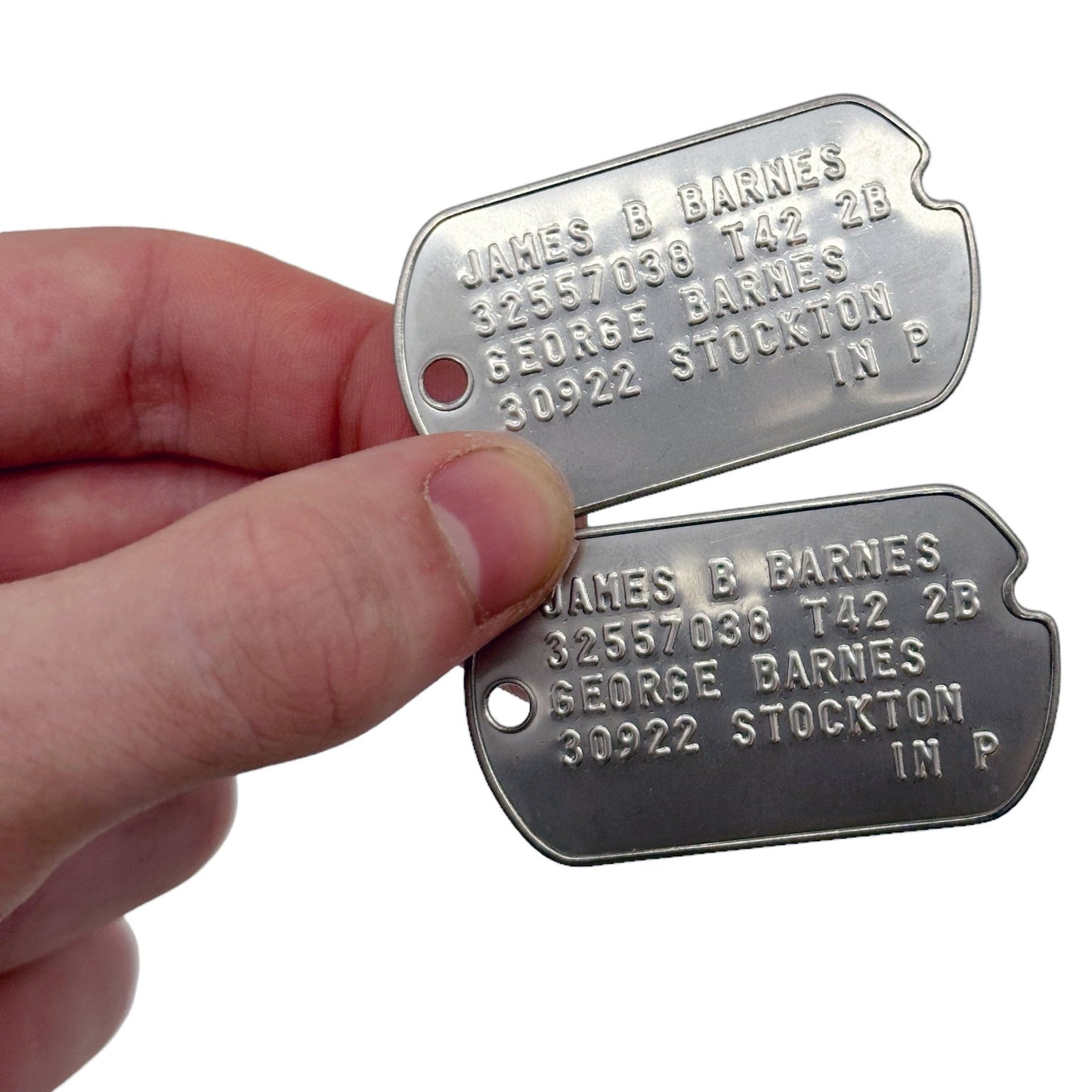 James 'Bucky' Barnes WWII Style Military Dog Tags Prop Replica - Notched pre 1965 WW2 - Stainless Steel - Chain Included