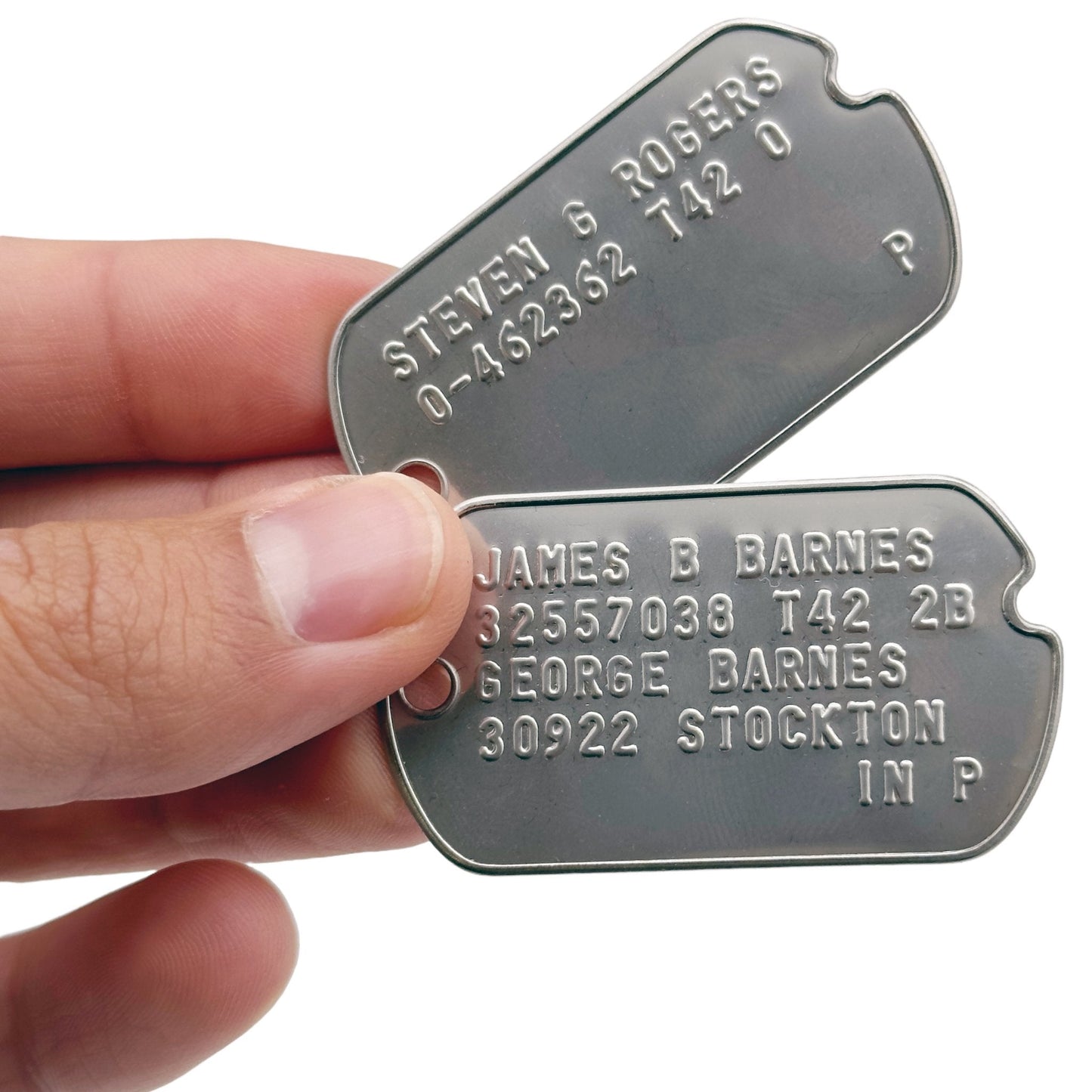 James Bucky Barnes x Steven Rogers 'Captain America' WWII Style Military Dog Tags Prop Replica - Notched pre 1965 WW2 - Stainless Steel - Chain Included