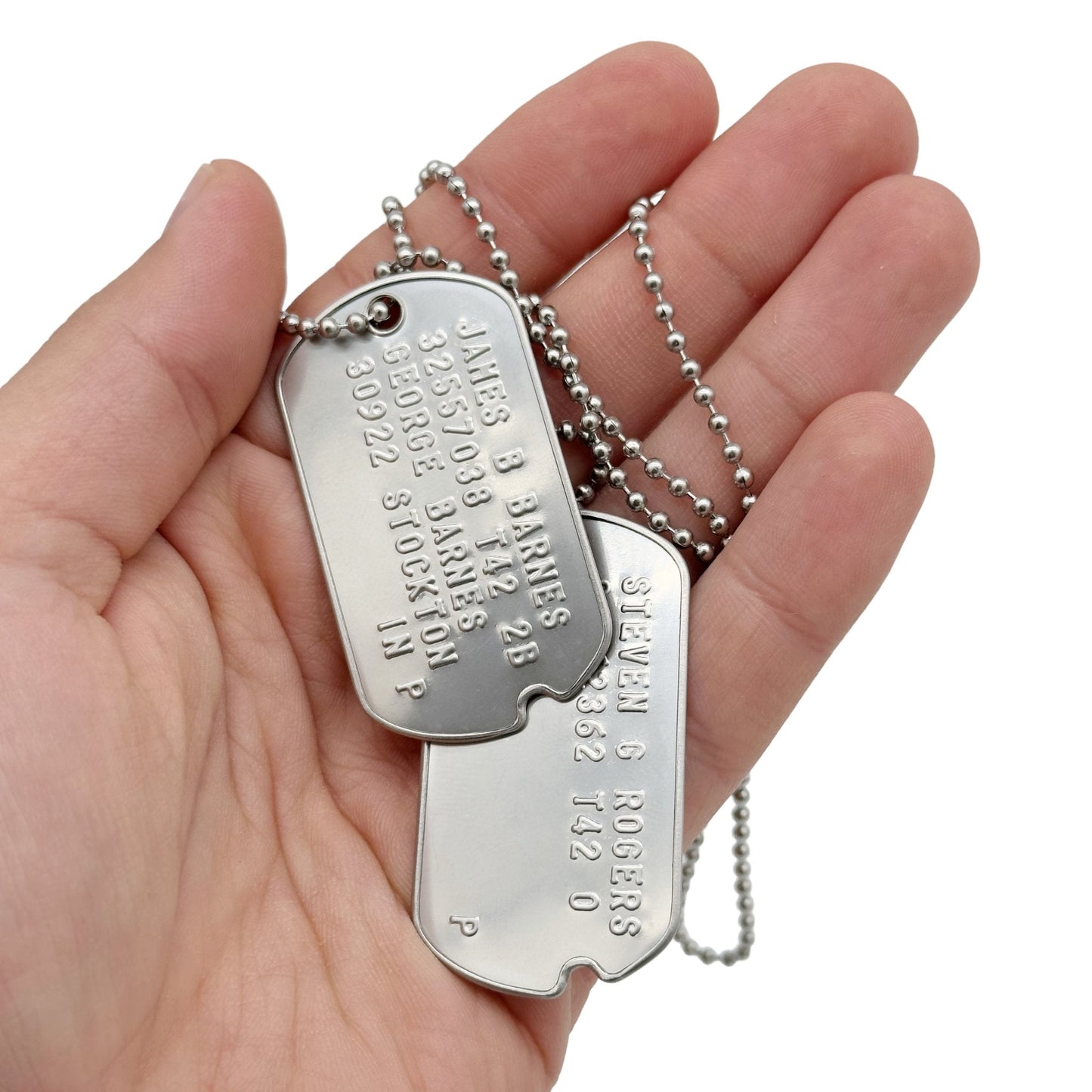 James Bucky Barnes x Steven Rogers 'Captain America' WWII Style Military Dog Tags Prop Replica - Notched pre 1965 WW2 - Stainless Steel - Chain Included