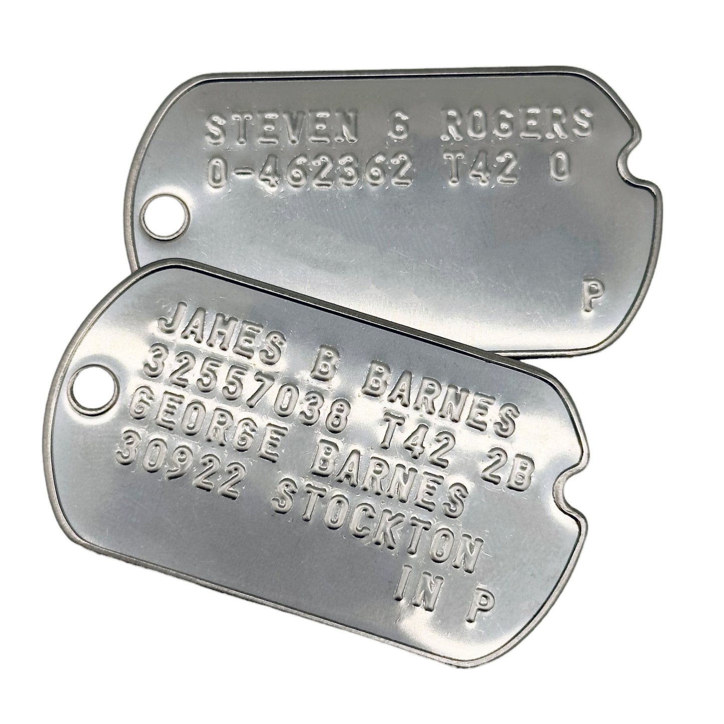 James Bucky Barnes x Steven Rogers 'Captain America' WWII Style Military Dog Tags Prop Replica - Notched pre 1965 WW2 - Stainless Steel - Chain Included