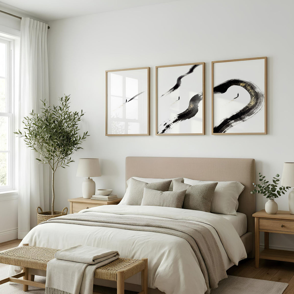 Japan Art Ink Brush Solitary Figure Black White Gold-Toned Wall Art Prints | Set of 3