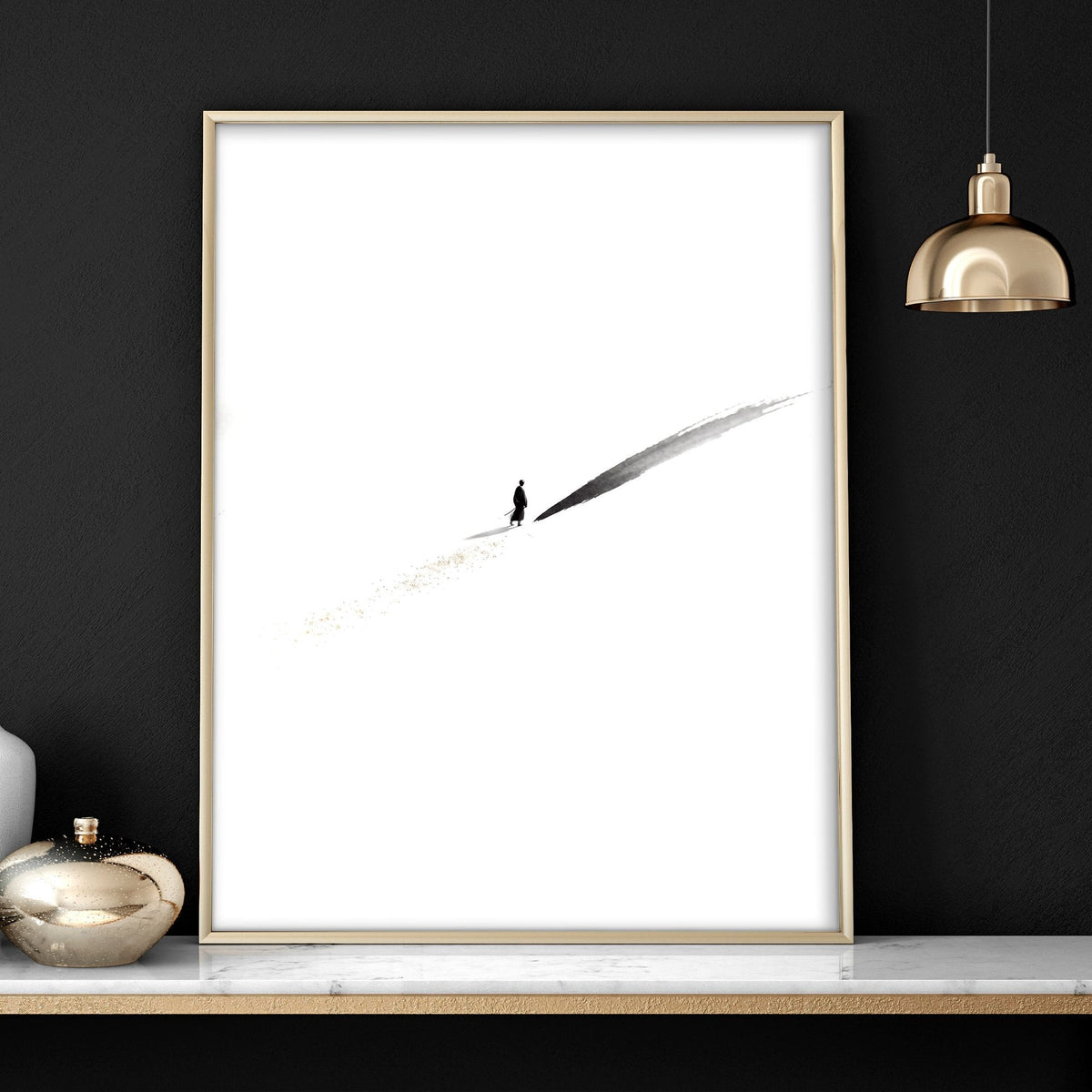 Japan Art Ink Brush Solitary Figure Black White Gold-Toned Wall Art Prints | Set of 3