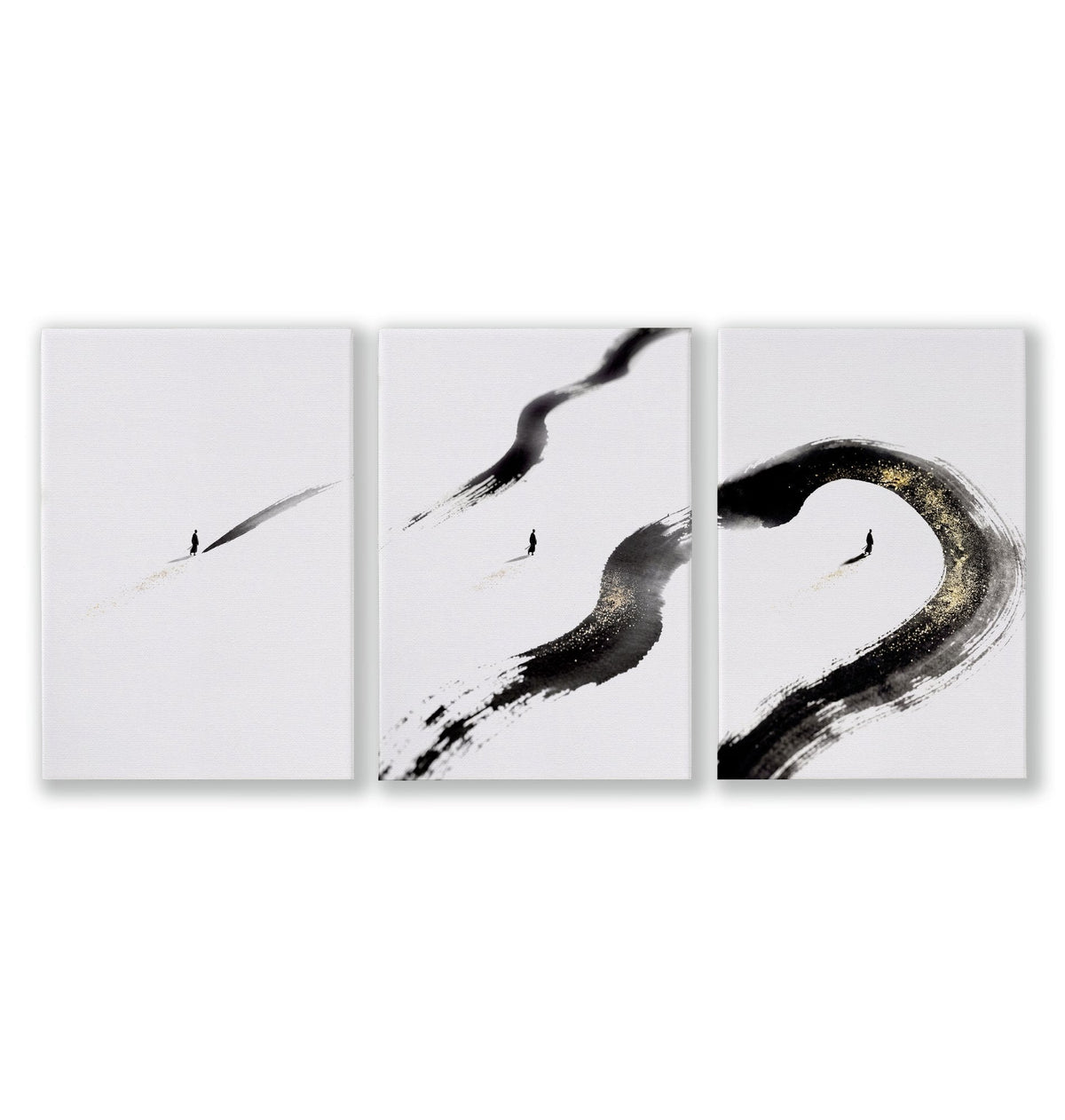 Japan Art Ink Brush Solitary Figure Black White Gold-Toned Wall Art Prints | Set of 3