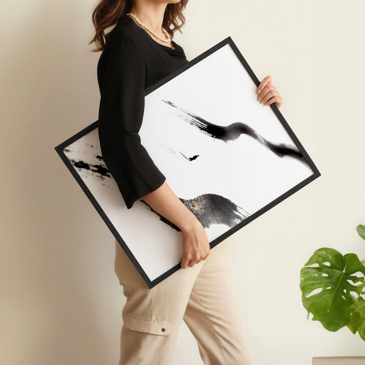 Japan Art Ink Brush Solitary Figure Black White Gold-Toned Wall Art Prints | Set of 3