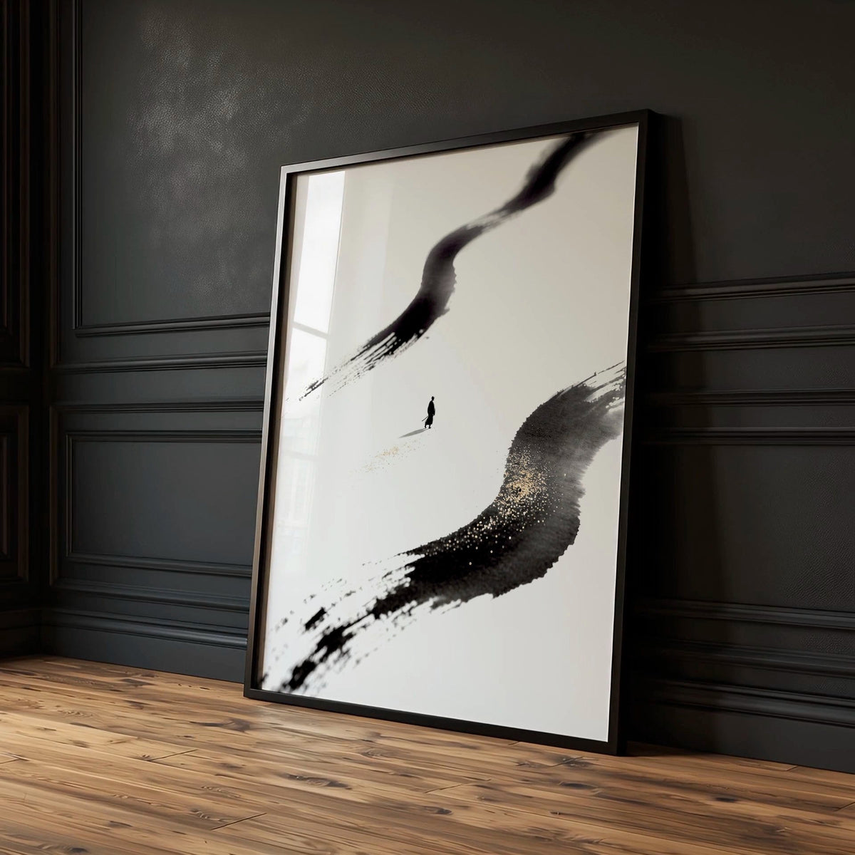 Japan Art Ink Brush Solitary Figure Black White Gold-Toned Wall Art Prints | Set of 3