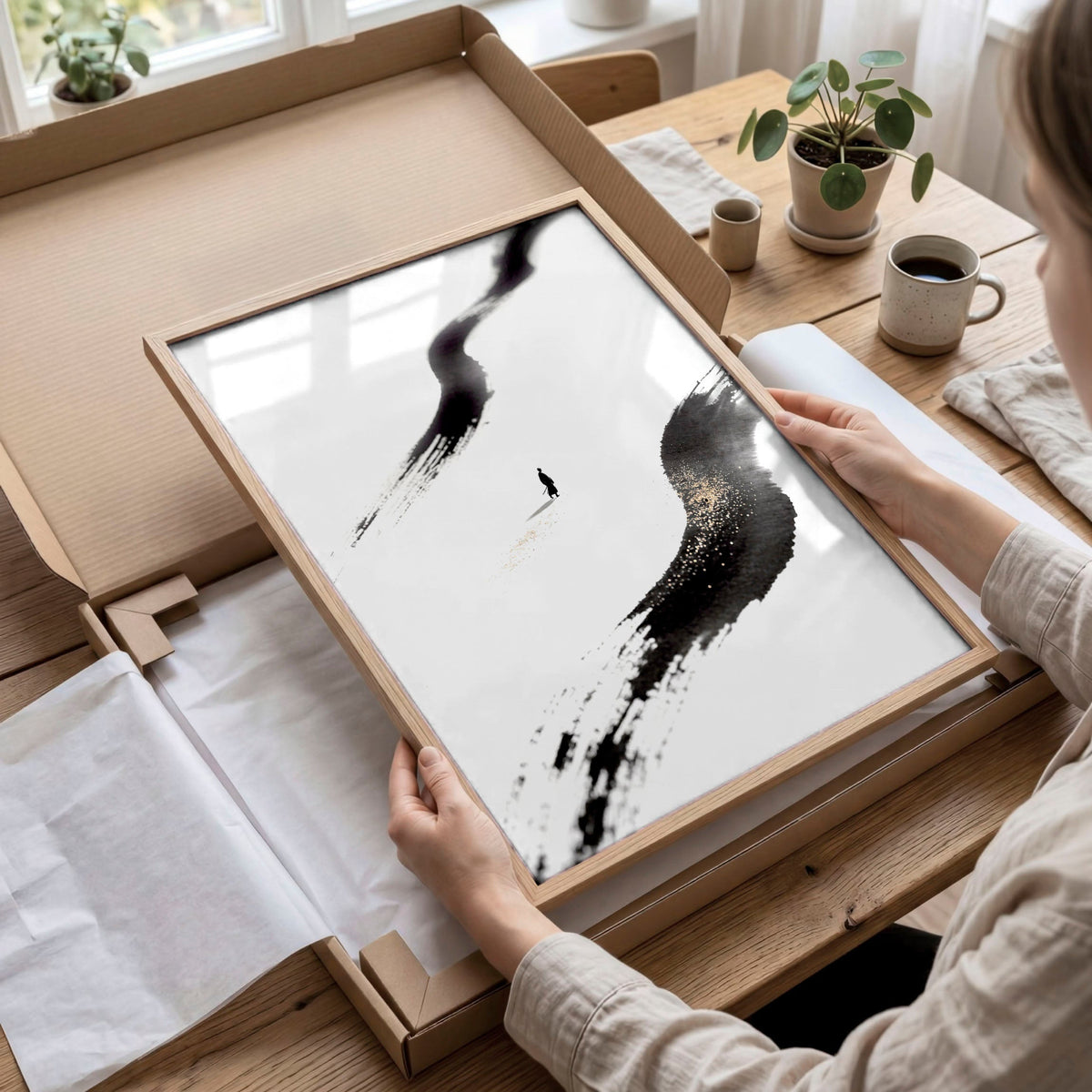 Japan Art Ink Brush Solitary Figure Black White Gold-Toned Wall Art Prints | Set of 3