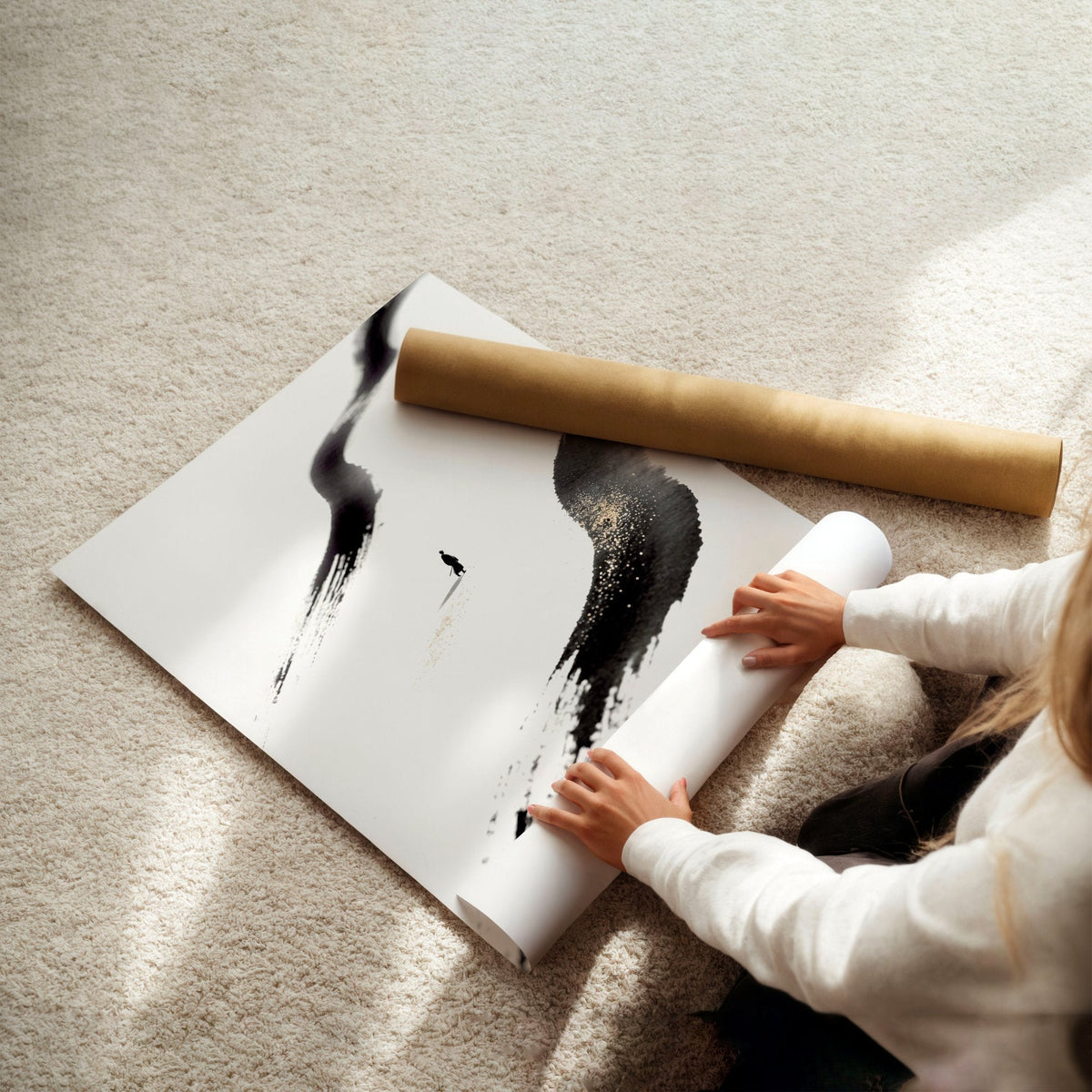 Japan Art Ink Brush Solitary Figure Black White Gold-Toned Wall Art Prints | Set of 3