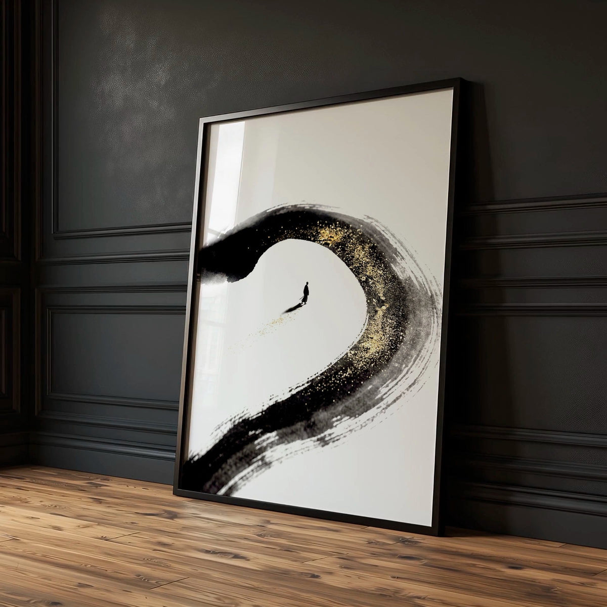 Japan Art Ink Brush Solitary Figure Black White Gold-Toned Wall Art Prints | Set of 3