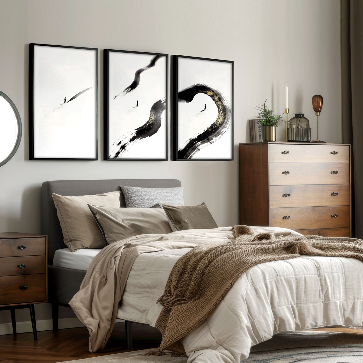 Japan Art Ink Brush Solitary Figure Black White Gold-Toned Wall Art Prints | Set of 3