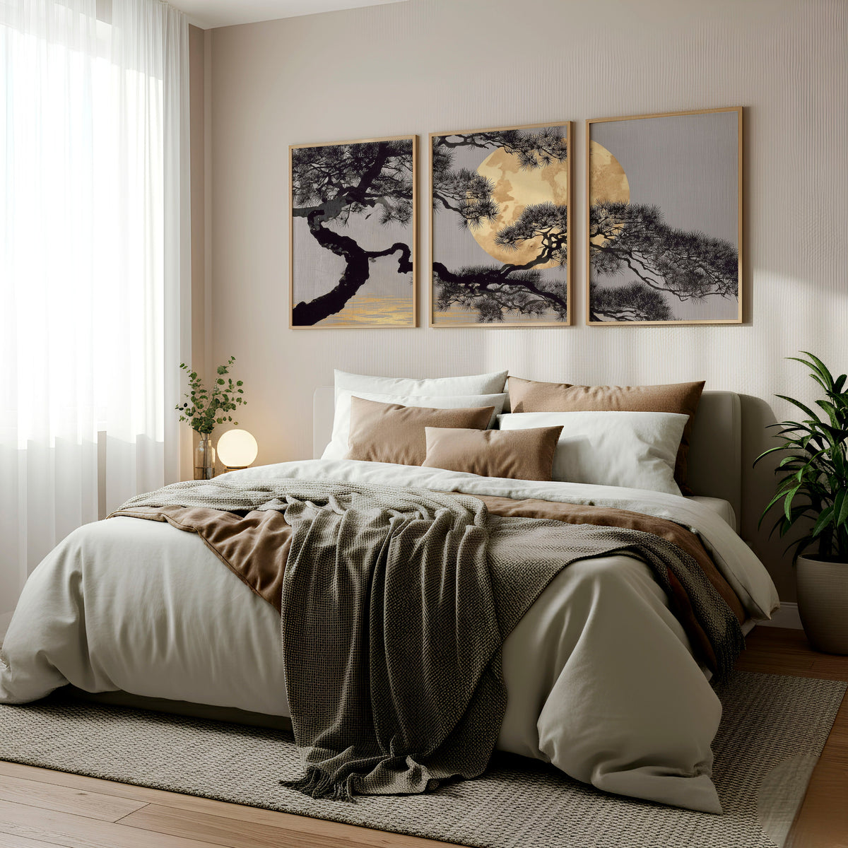 Japan Art Pine Tree & Full Moon Wall Art Prints | Set of 3