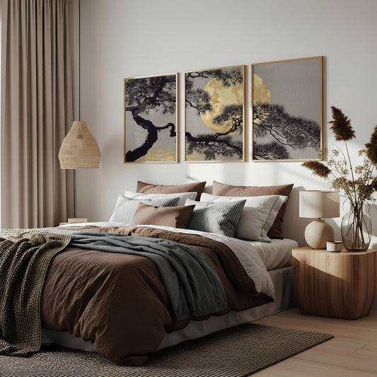 Japan Art Pine Tree & Full Moon Wall Art Prints | Set of 3