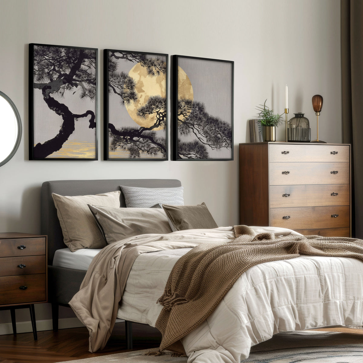 Japan Art Pine Tree & Full Moon Wall Art Prints | Set of 3