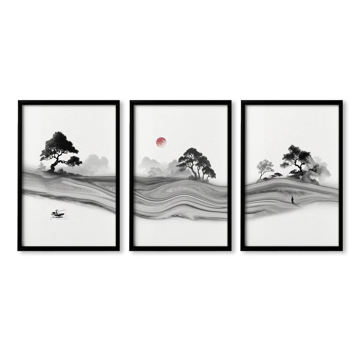 Japandi Landscape Artworks | Japanese Ink Grey Misty Trees & Red Moon | Set of 3