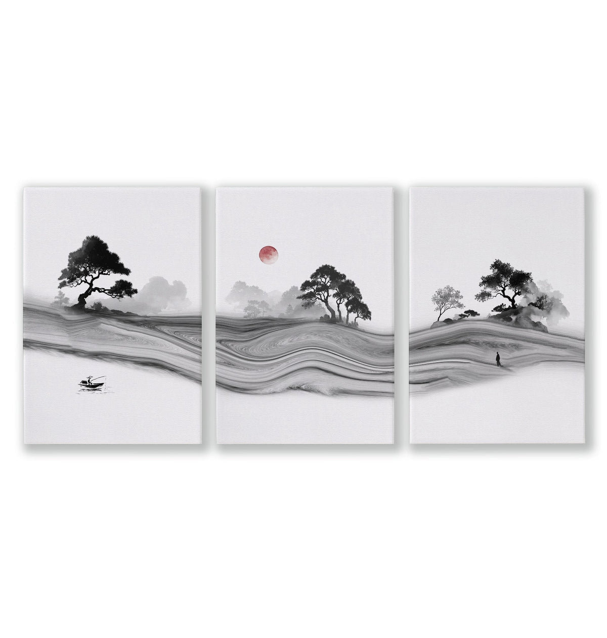 Japandi Landscape Artworks | Japanese Ink Grey Misty Trees & Red Moon | Set of 3