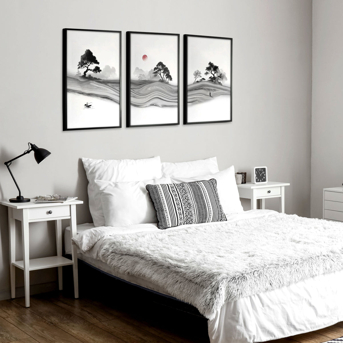 Japandi Landscape Artworks | Japanese Ink Grey Misty Trees & Red Moon | Set of 3