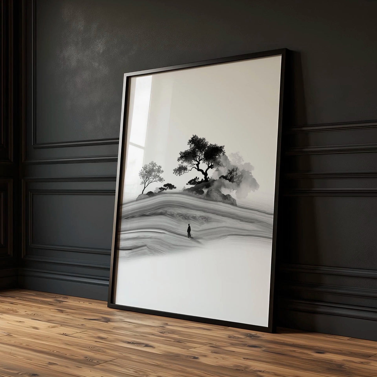 Japandi Landscape Artworks | Japanese Ink Grey Misty Trees & Red Moon | Set of 3