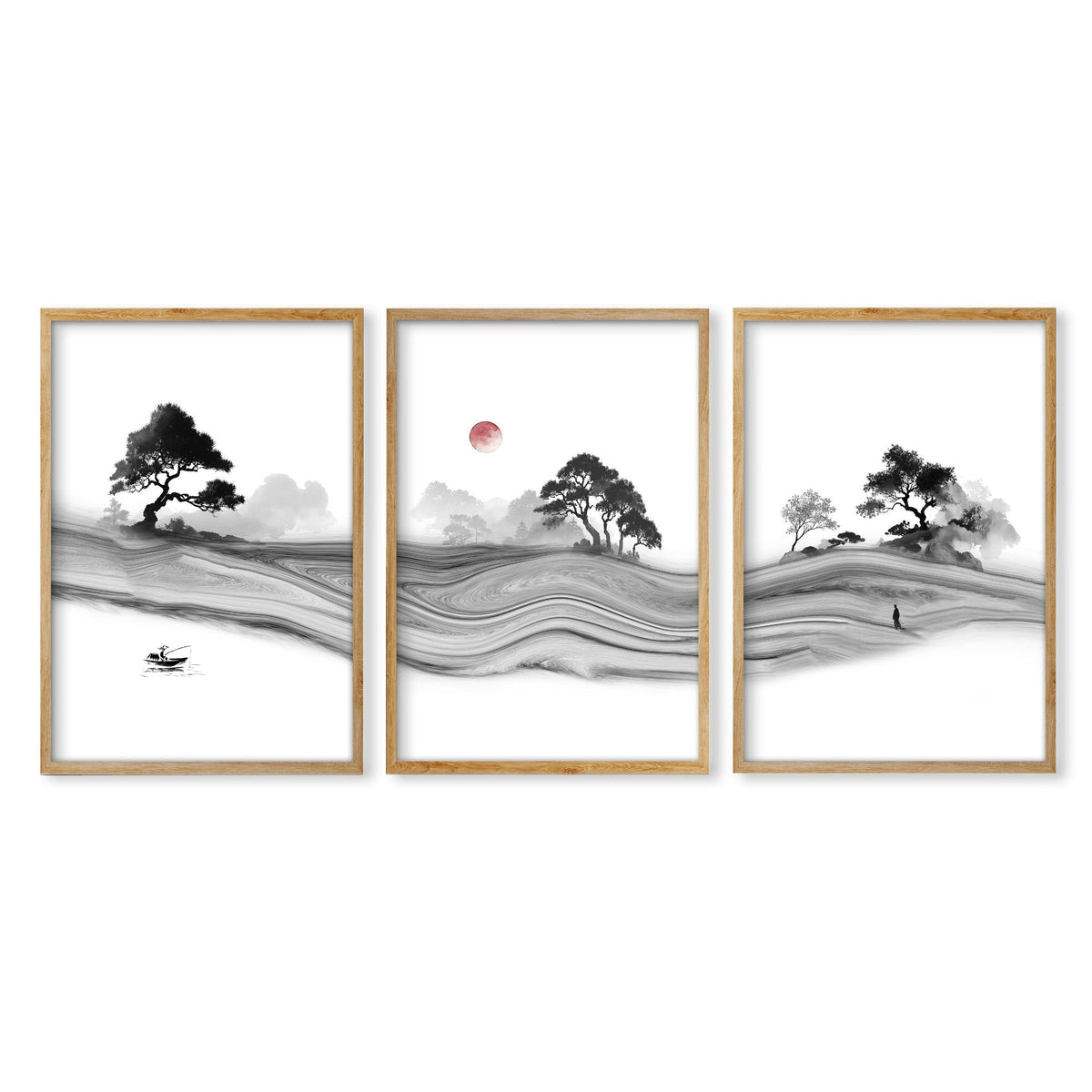 Japandi Landscape Artworks | Japanese Ink Grey Misty Trees & Red Moon | Set of 3