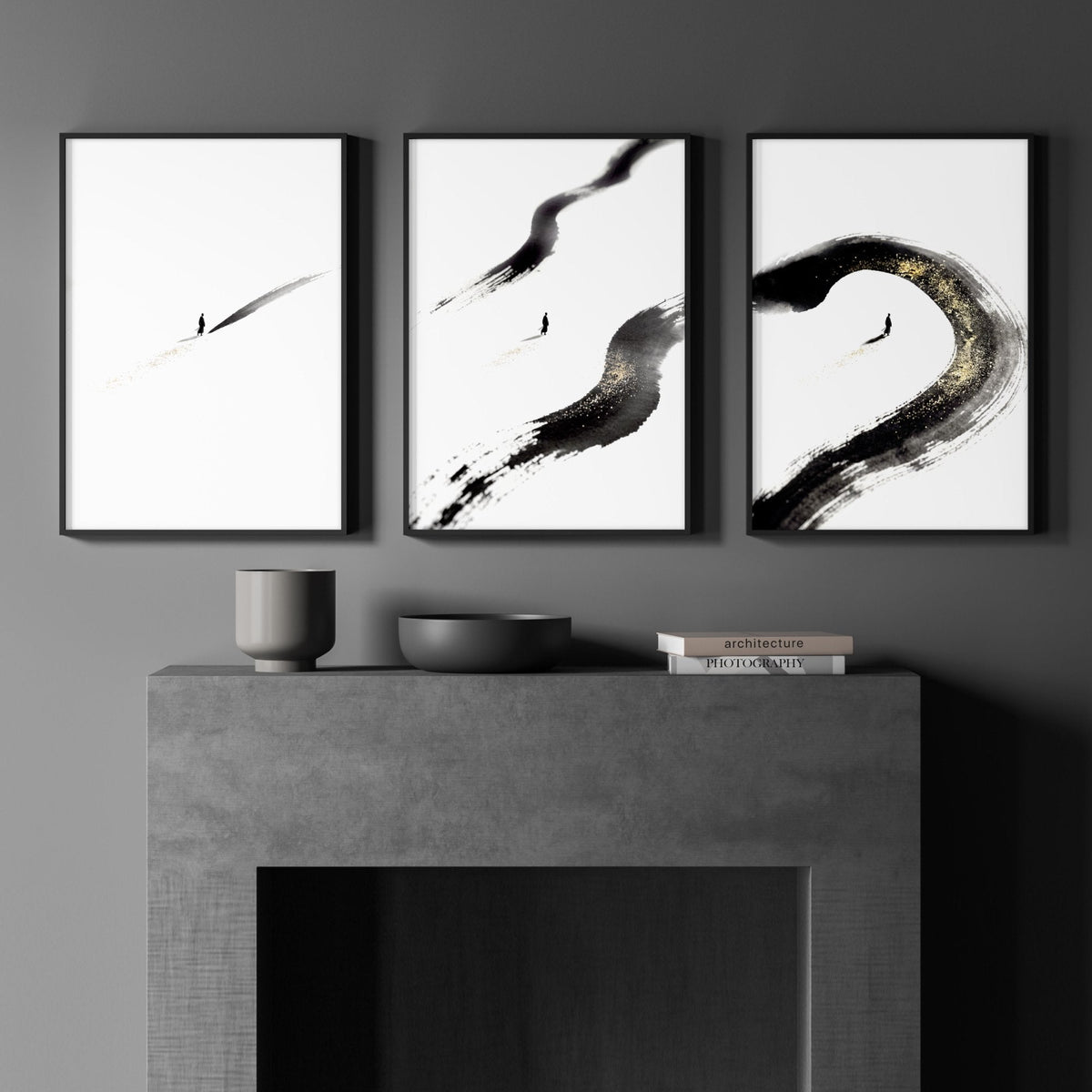 Japandi Wall Decor Black Ink Brush Solitary Figure with Gold-Toned Accents | Set of 3