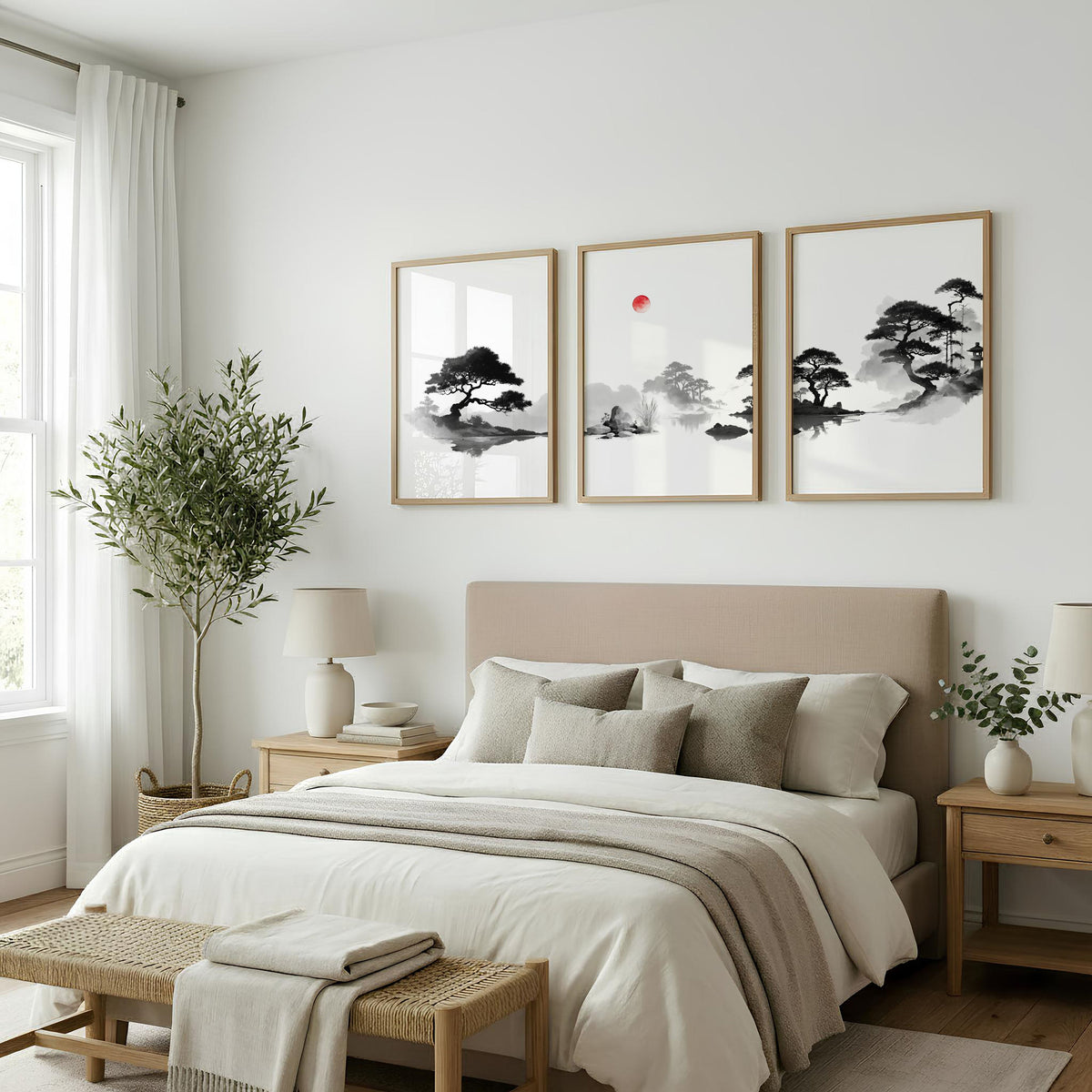 Japanese Art Ink Wash Landscape with Red Sun Wall Art Prints | Set of 3