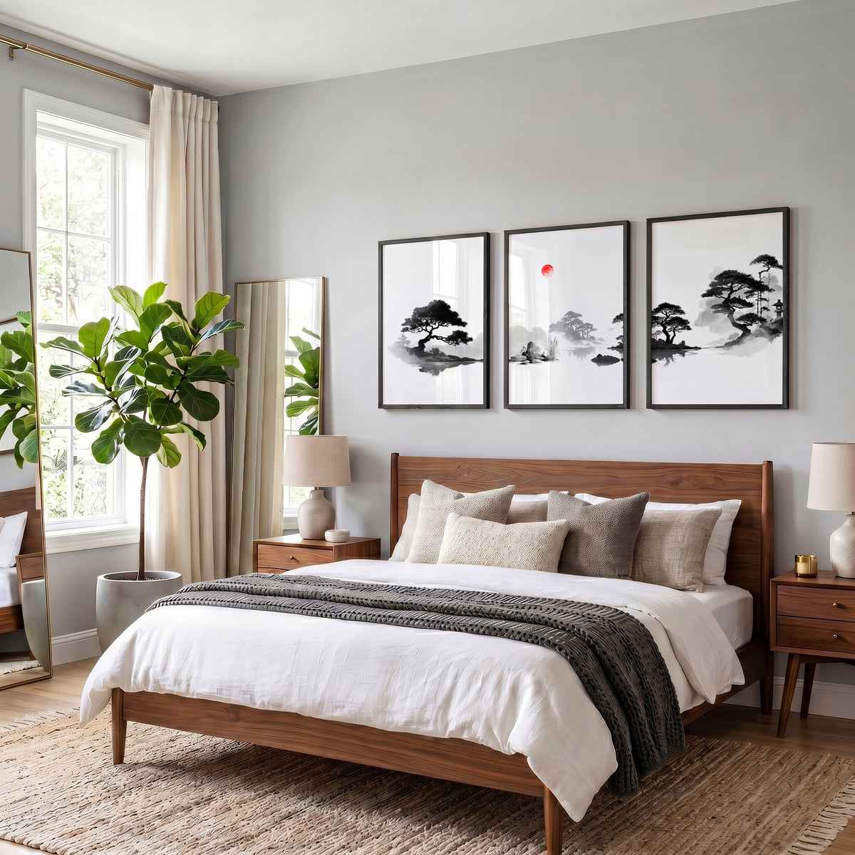 Japanese Art Ink Wash Landscape with Red Sun Wall Art Prints | Set of 3