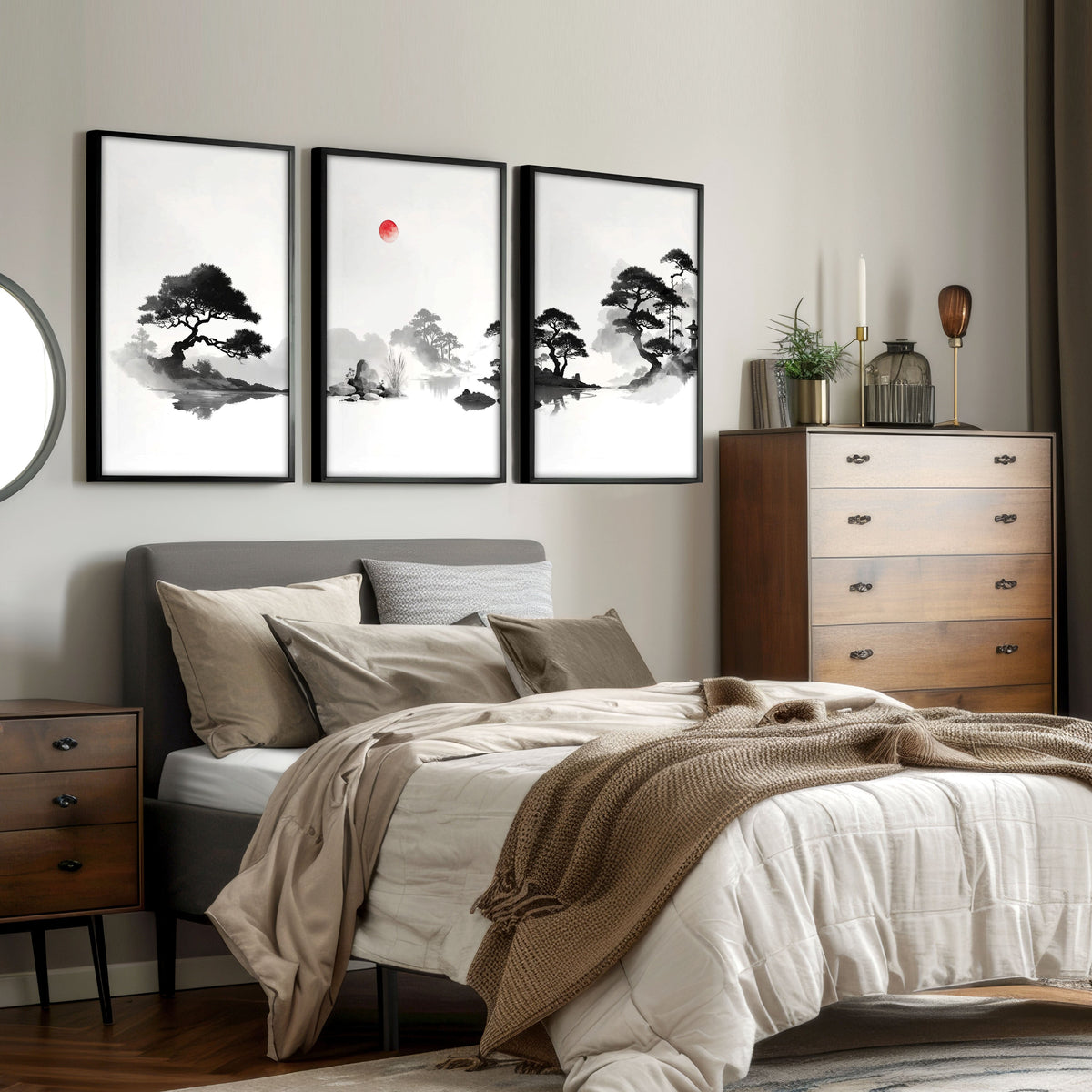 Japanese Art Ink Wash Landscape with Red Sun Wall Art Prints | Set of 3