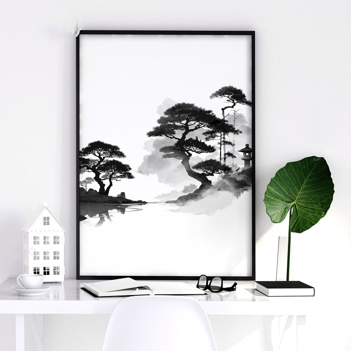 Japanese Art Ink Wash Landscape with Red Sun Wall Art Prints | Set of 3