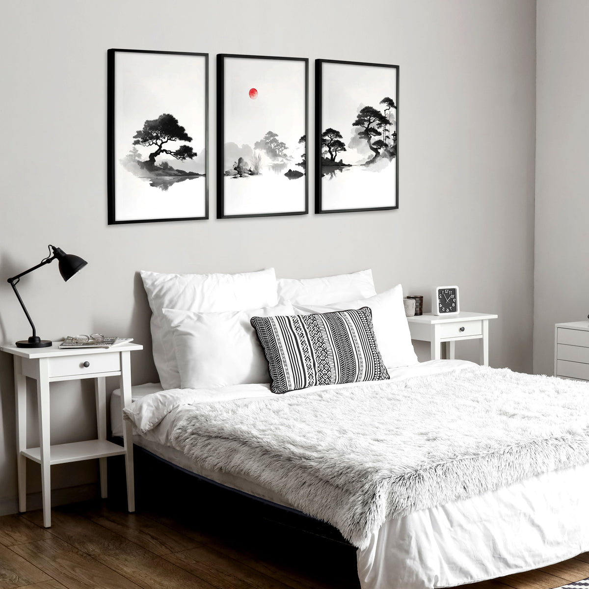 Japanese Art Ink Wash Landscape with Red Sun Wall Art Prints | Set of 3