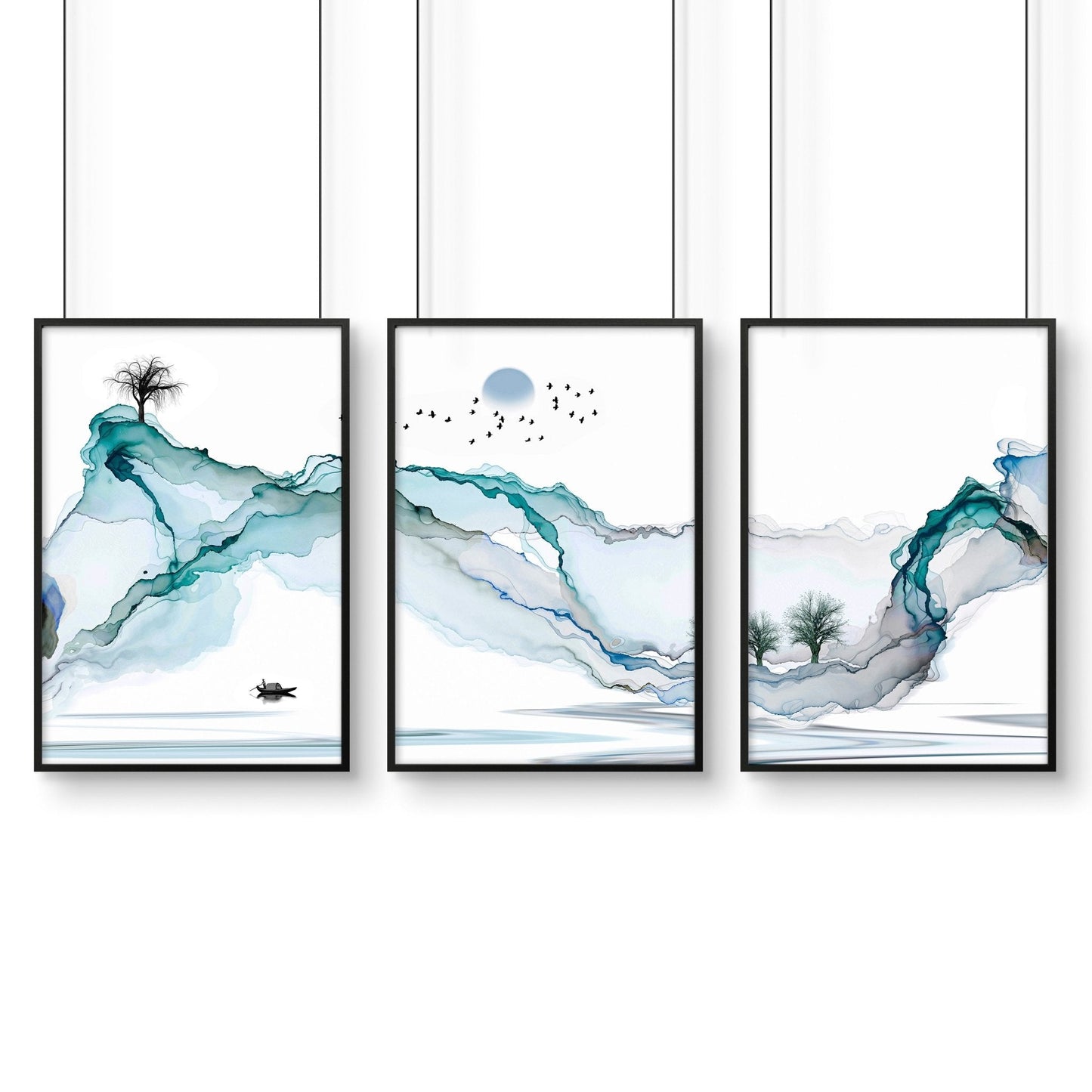 Art print set of 3 | Teal Japanese wall art print for living room
