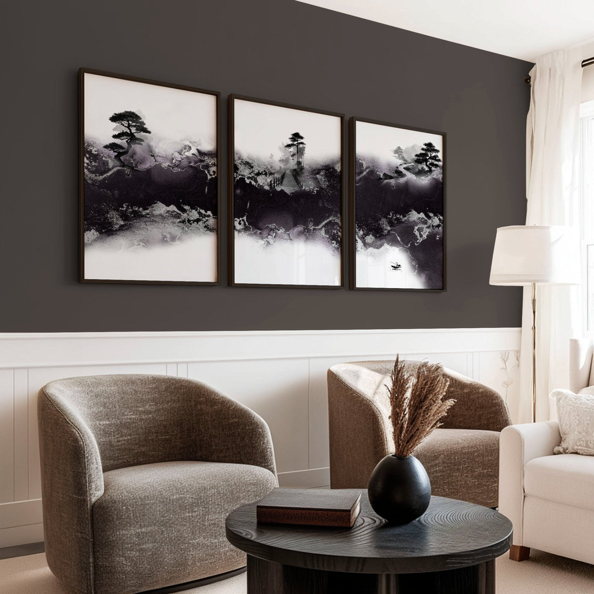 Japanese Canvas Art Ink Wash Landscape with Bonsai, Bridge & Lone Boat | Set of 3