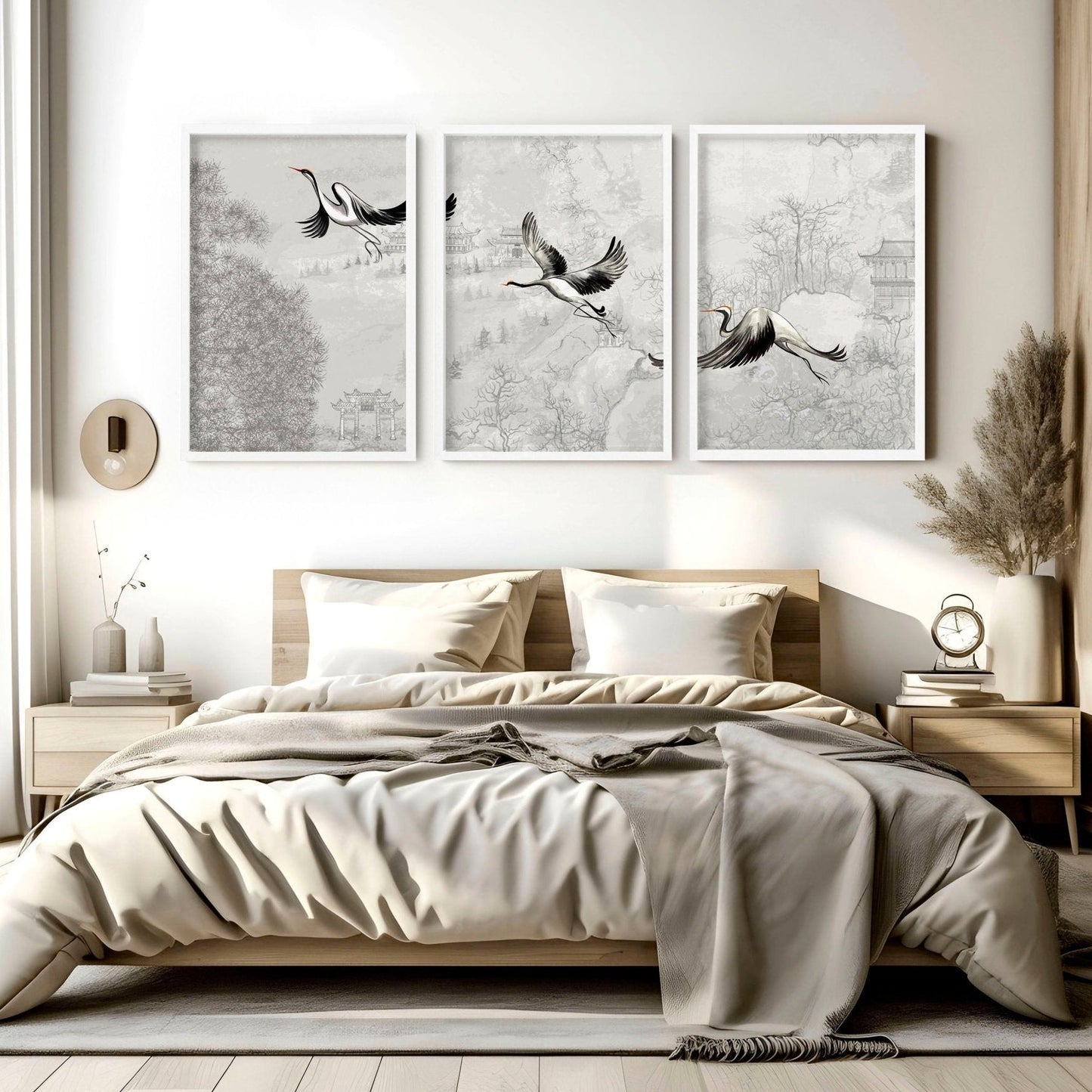 Japanese crane art | set of 3 Bedroom wall prints