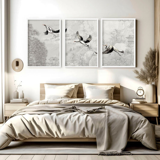 Japanese crane art | set of 3 Bedroom wall prints