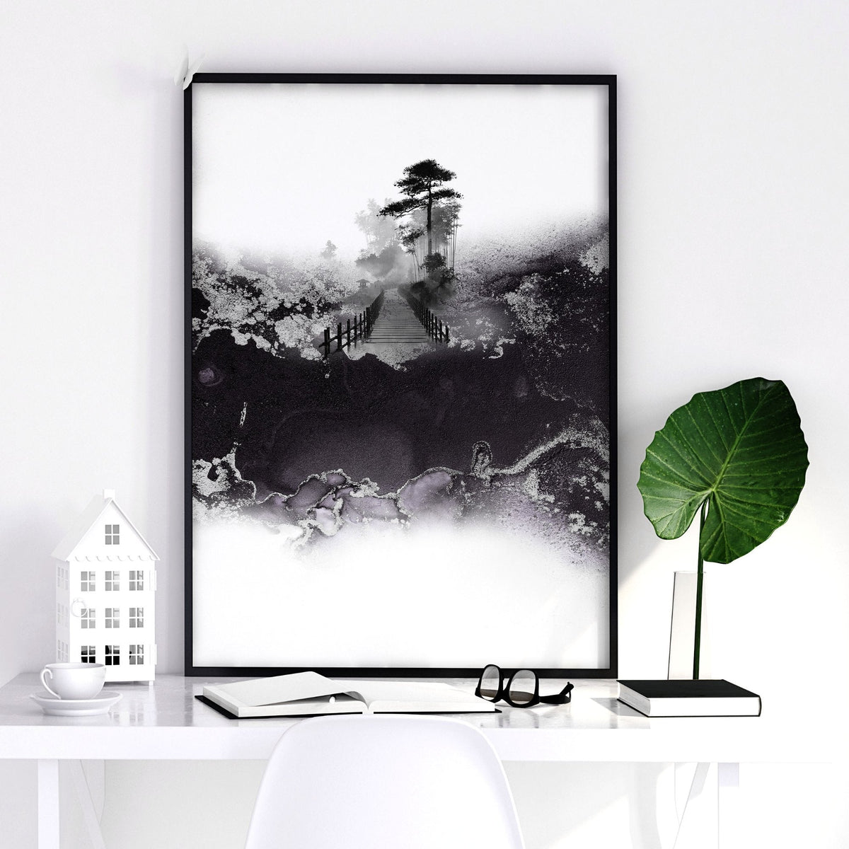 Japanese Prints Ink Wash Landscape | Bonsai, Bridge & Misty River | Set of 3