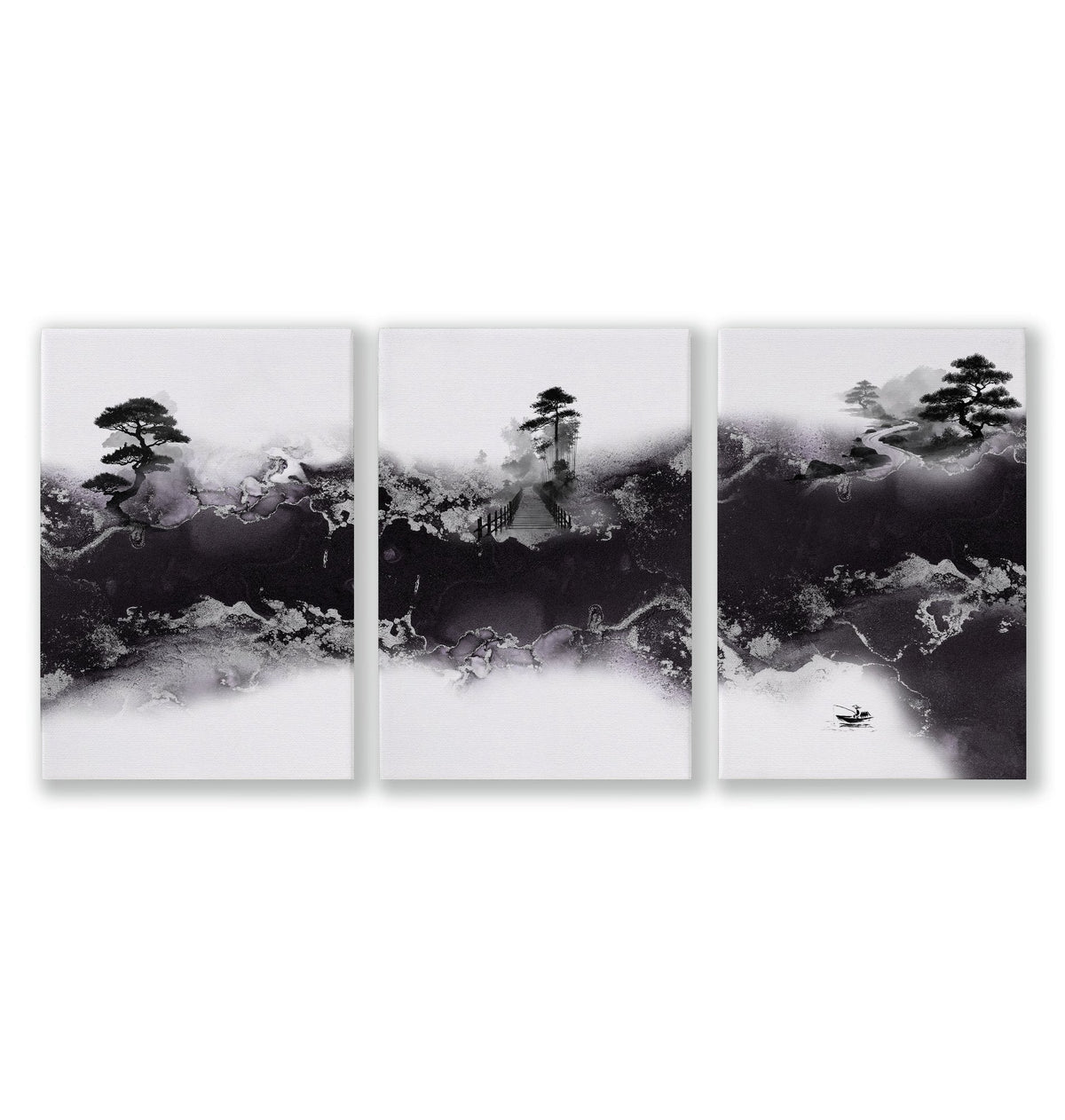 Japanese Prints Ink Wash Landscape | Bonsai, Bridge & Misty River | Set of 3
