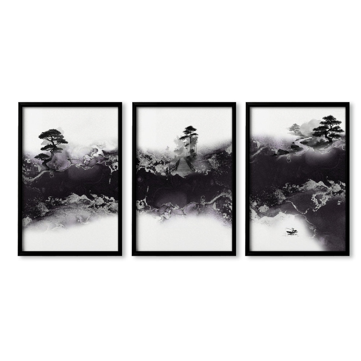 Japanese Prints Ink Wash Landscape | Bonsai, Bridge & Misty River | Set of 3