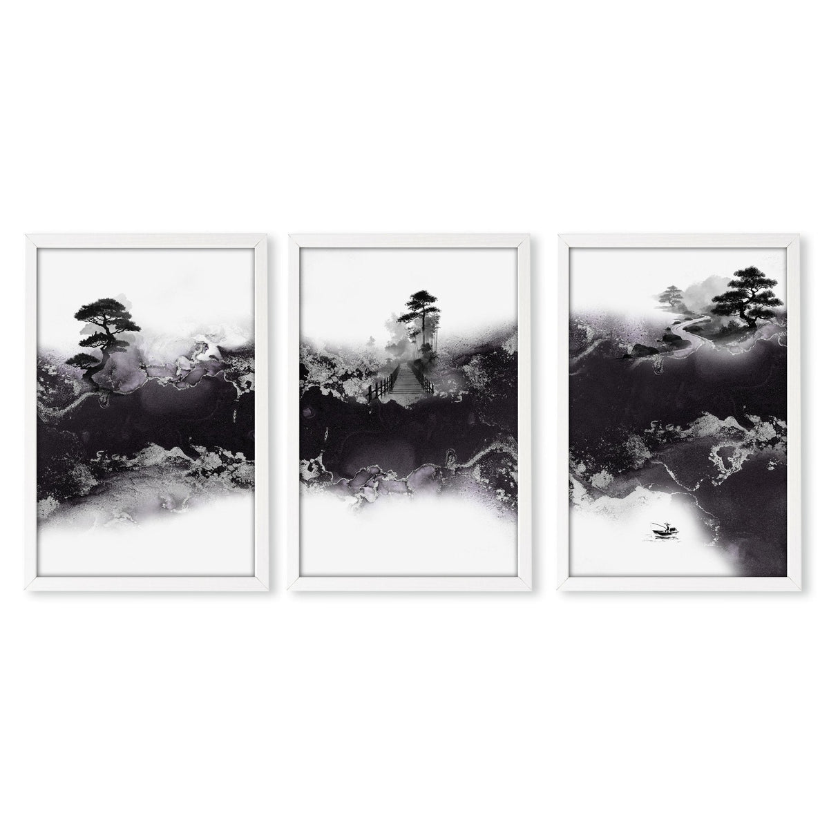 Japanese Prints Ink Wash Landscape | Bonsai, Bridge & Misty River | Set of 3
