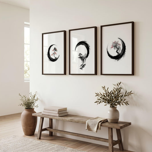 Japanese Wall Art Canvas Zen Enso Circle Ink Brush Blossom & Waterfall | Set of 3