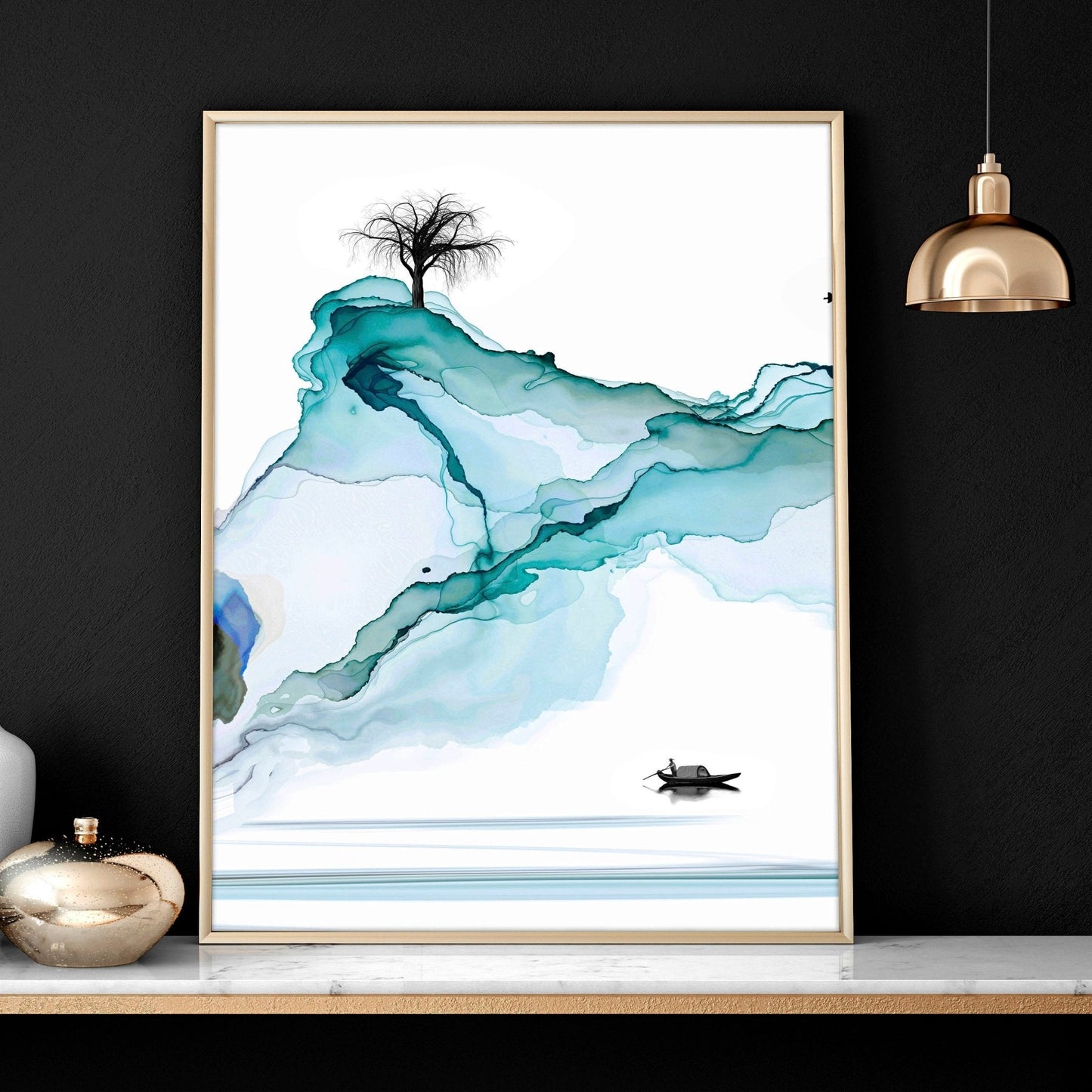 Art print set of 3 | Teal Japanese wall art print for living room