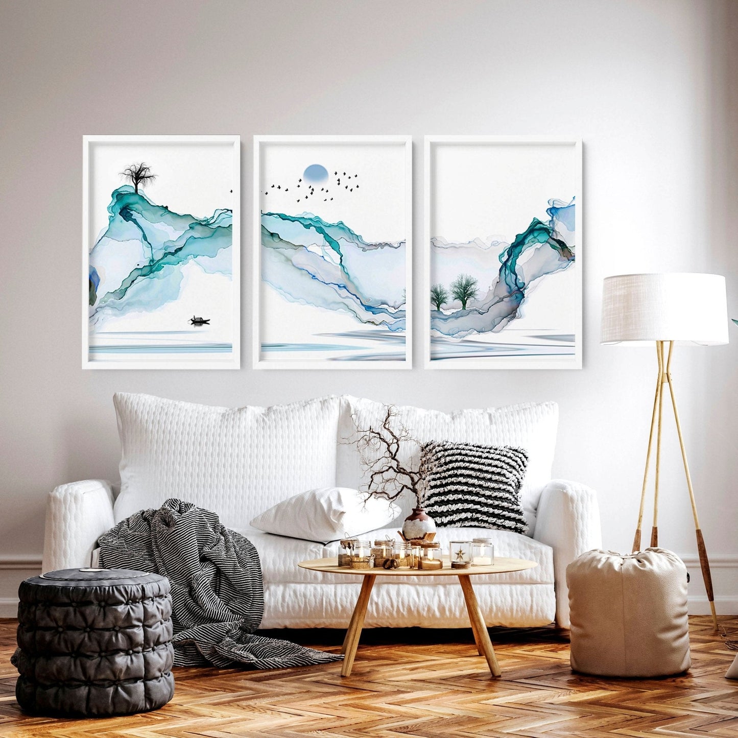 Art print set of 3 | Teal Japanese wall art print for living room