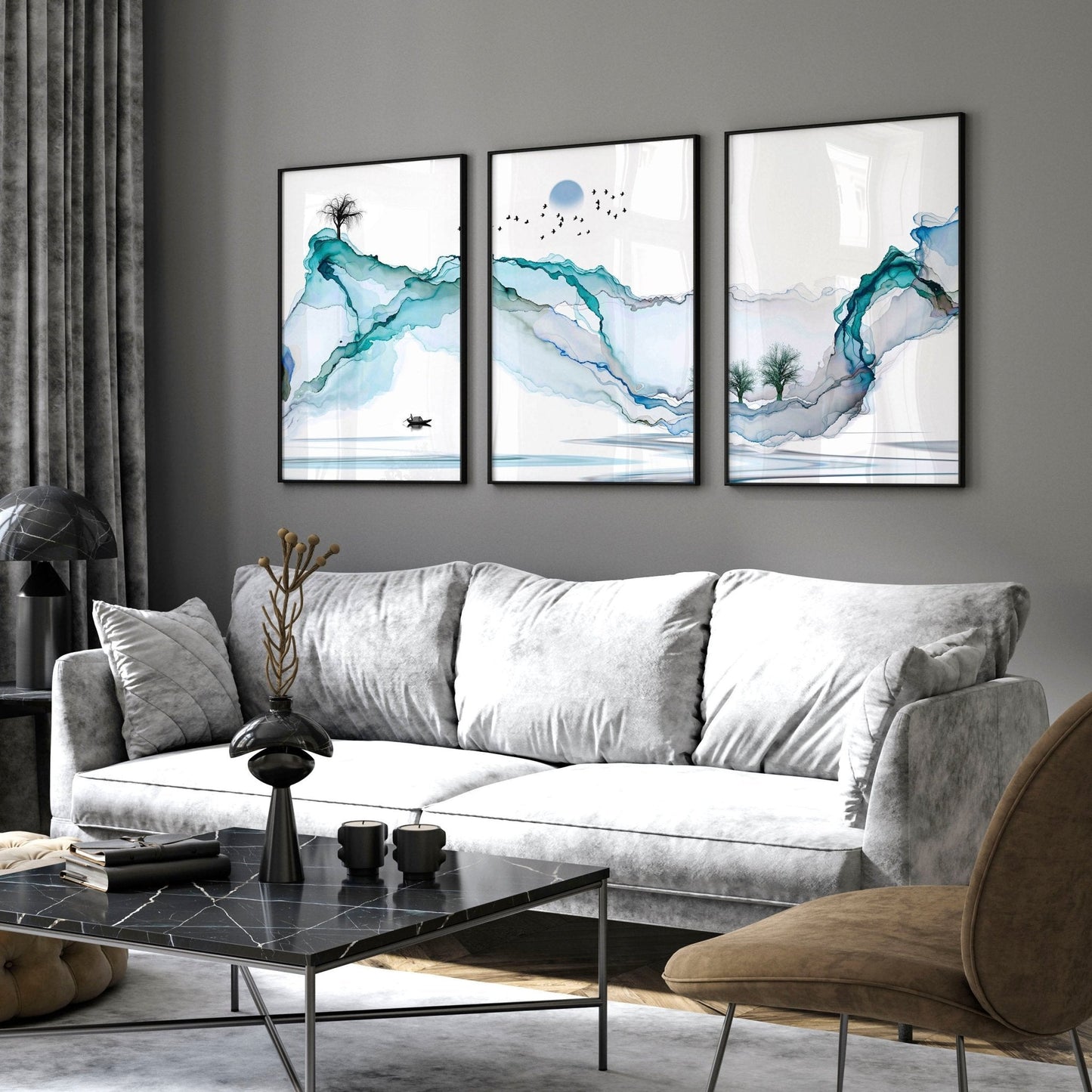 Art print set of 3 | Teal Japanese wall art print for living room
