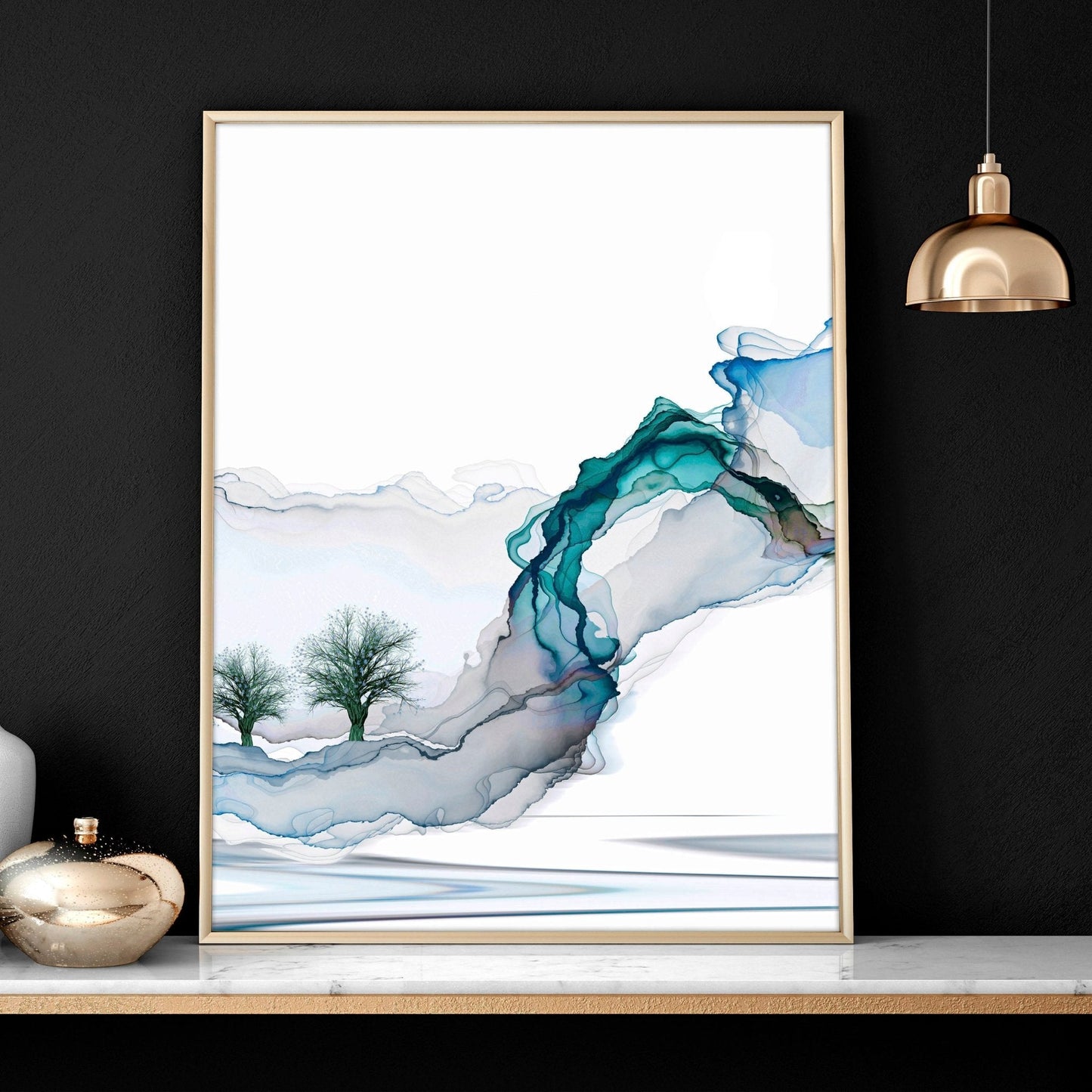 Art print set of 3 | Teal Japanese wall art print for living room