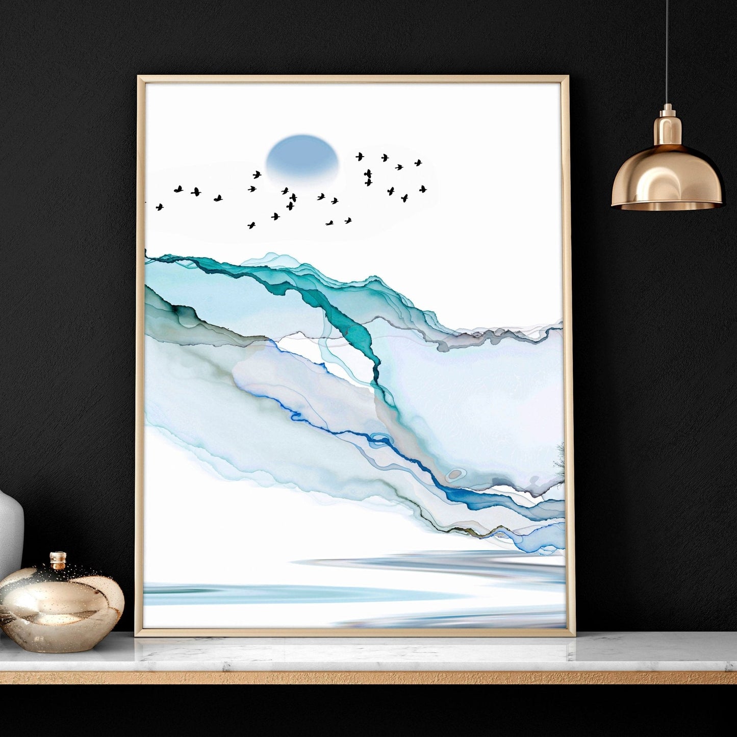 Art print set of 3 | Teal Japanese wall art print for living room
