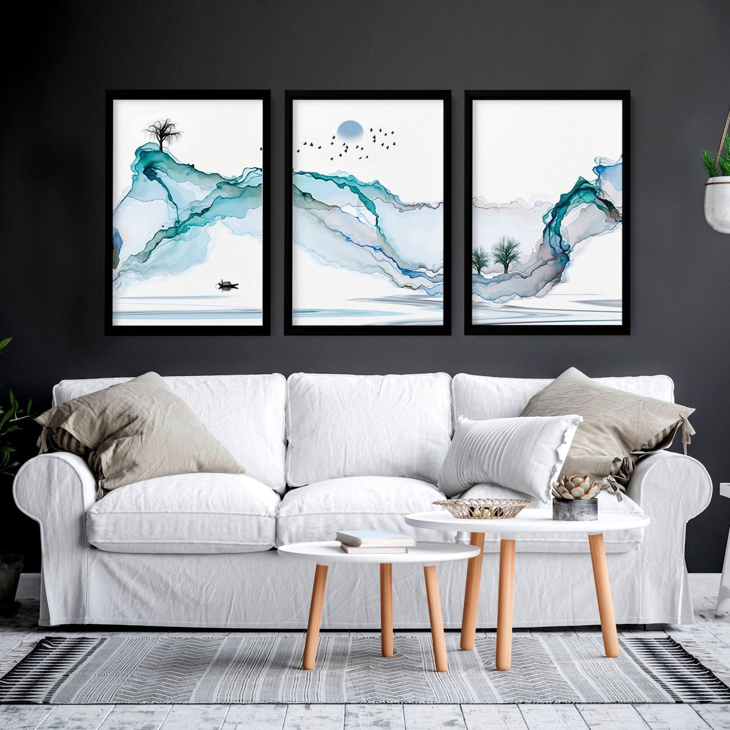 Art print set of 3 | Teal Japanese wall art print for living room