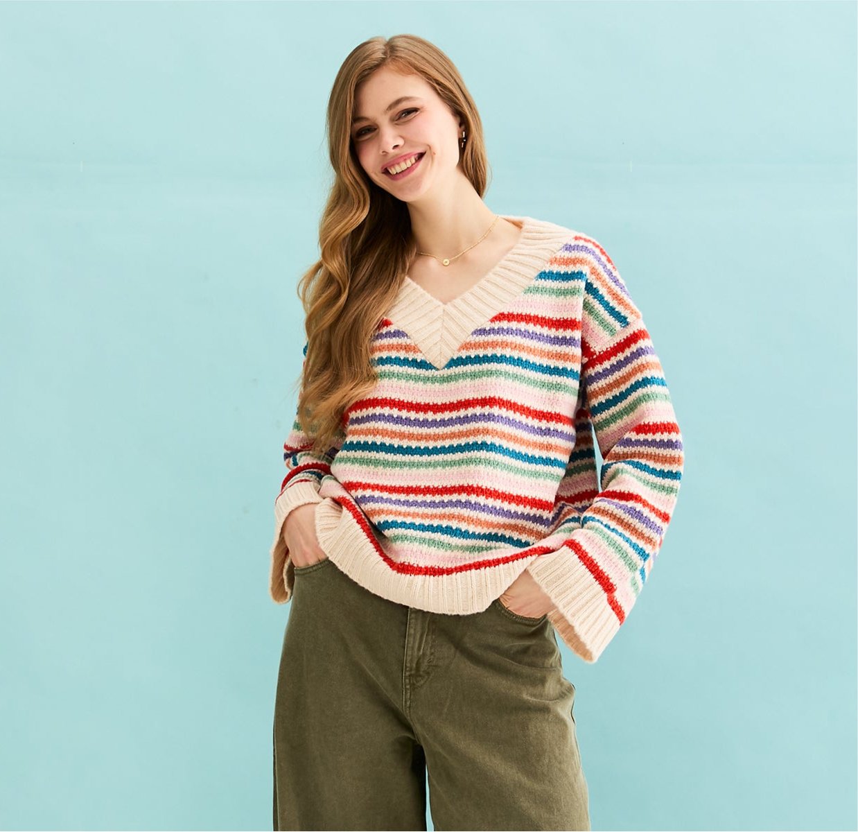 Jasmine Wide Sleeve V Neck Striped Jumper - Off White