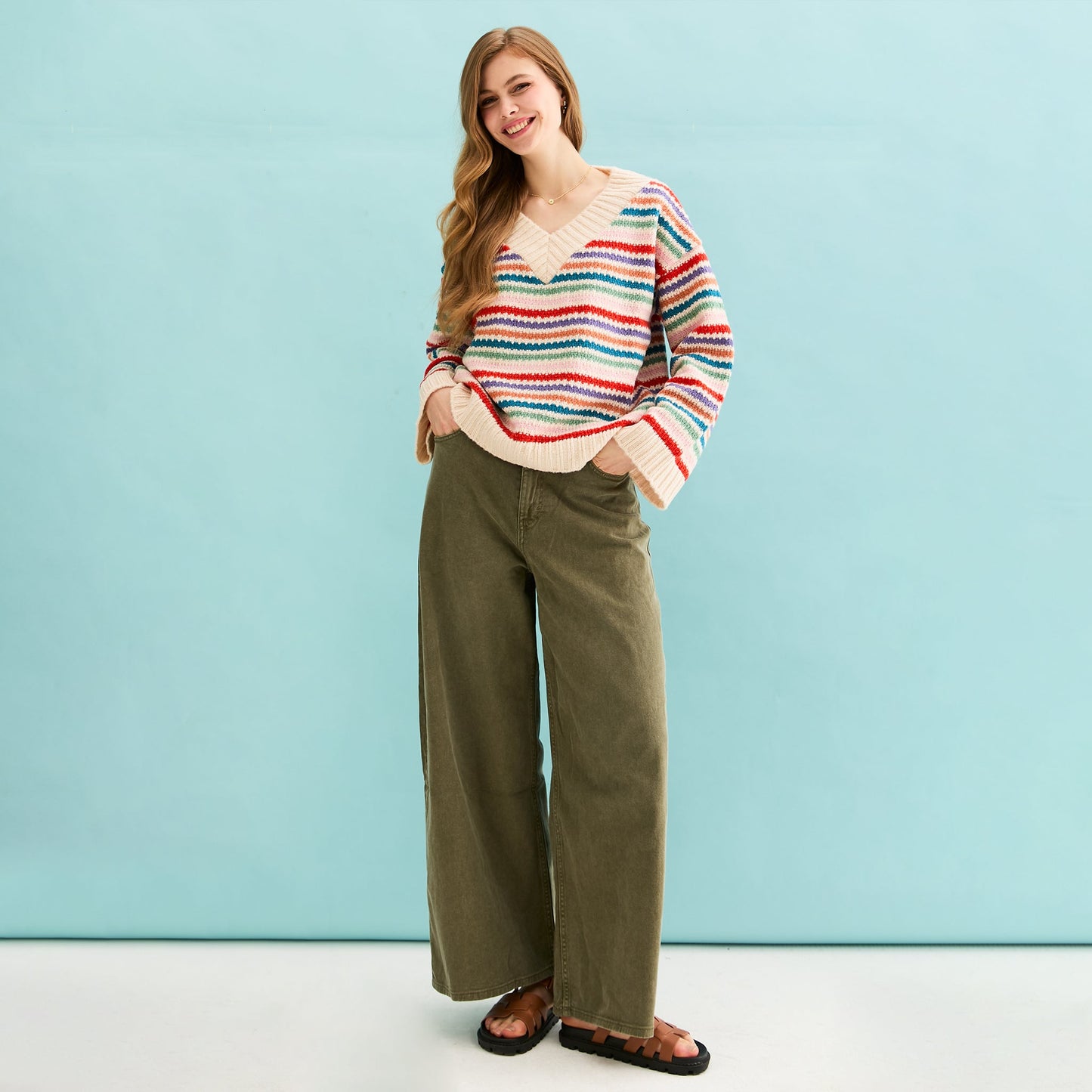 Jasmine Wide Sleeve V Neck Striped Jumper - Off White