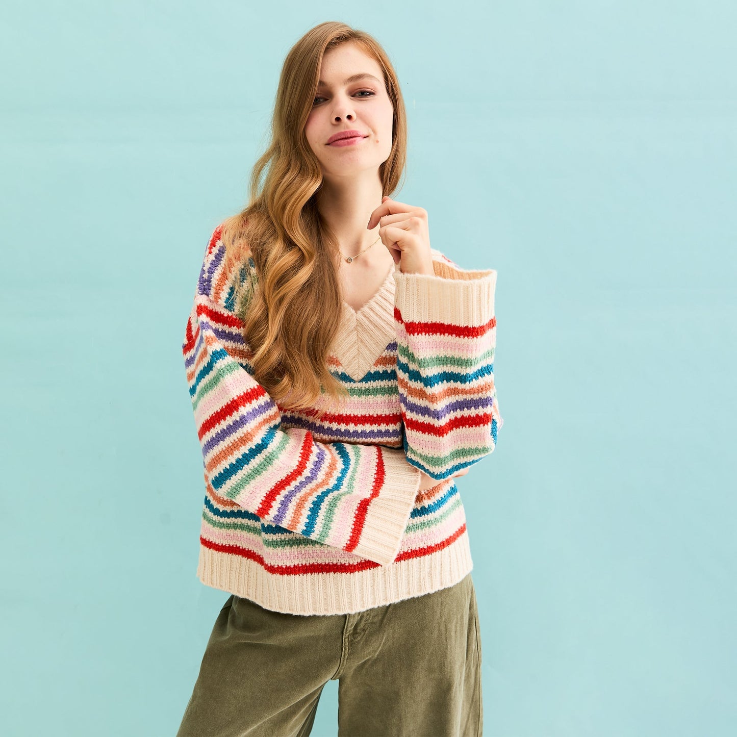 Jasmine Wide Sleeve V Neck Striped Jumper - Off White