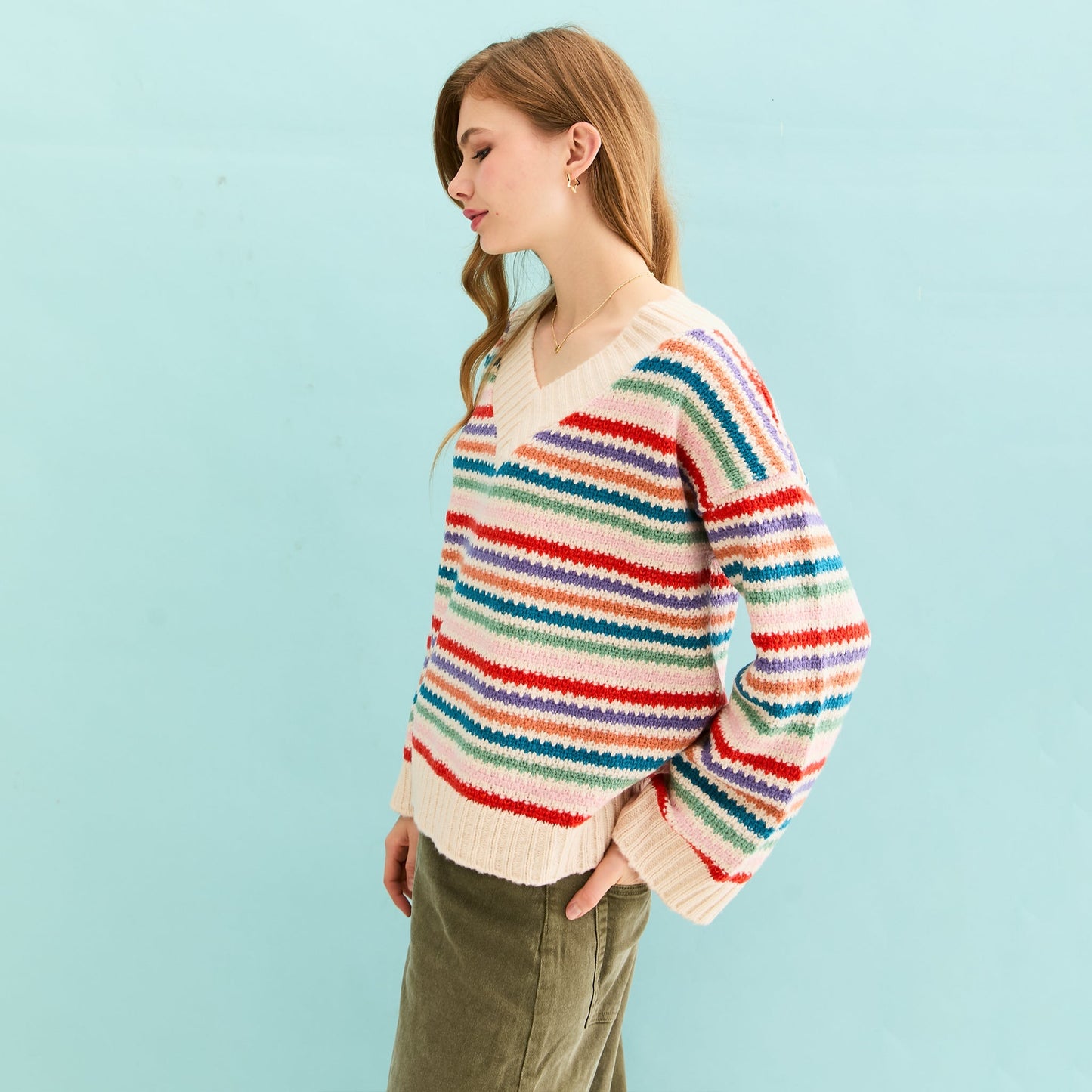 Jasmine Wide Sleeve V Neck Striped Jumper - Off White